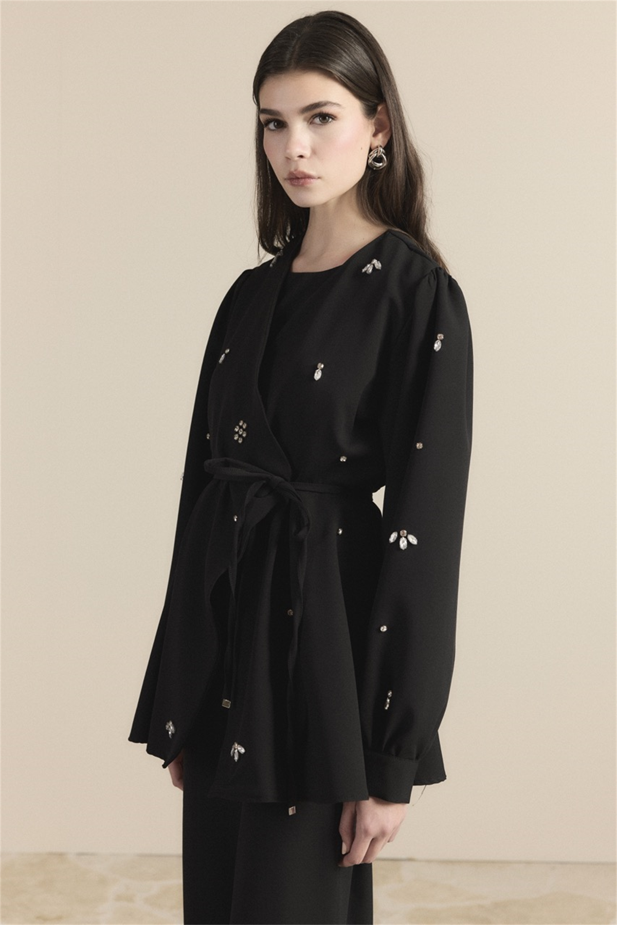 Kruvaze Taşlı Double Takım - Siyah