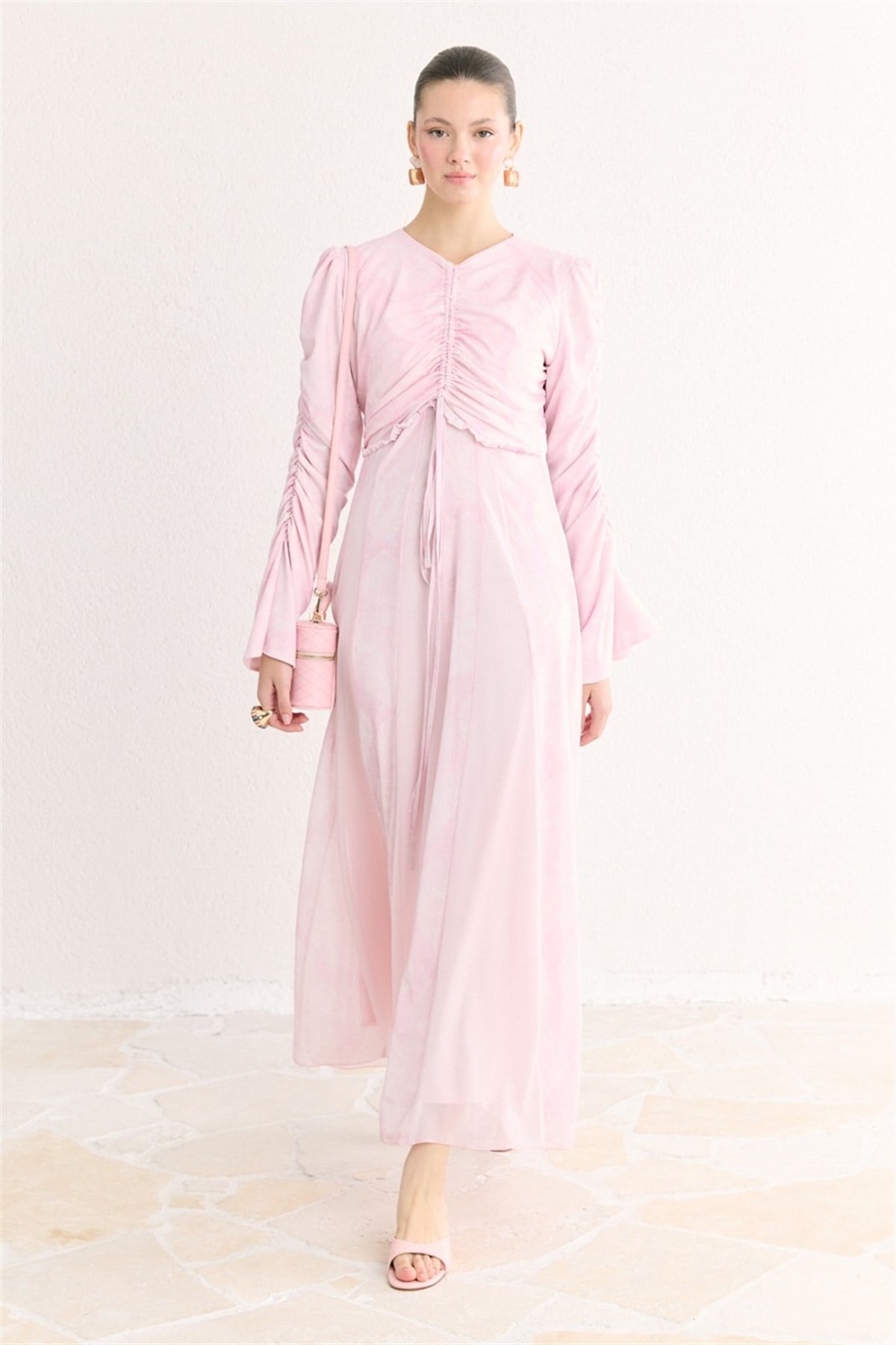 Lara Desenli Baskılı Tül Şifon Elbise - Pembe