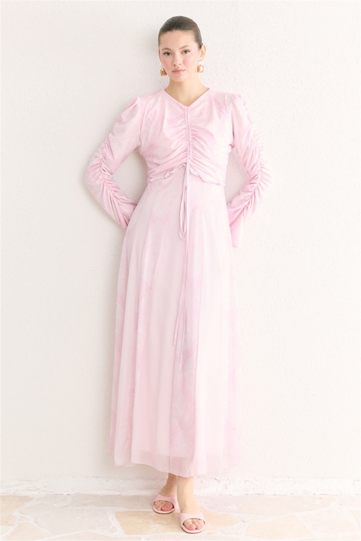 Lara Desenli Baskılı Tül Şifon Elbise - Pembe
