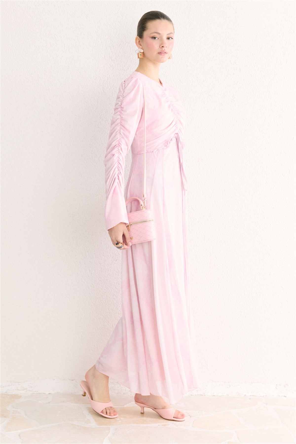 Lara Desenli Baskılı Tül Şifon Elbise - Pembe