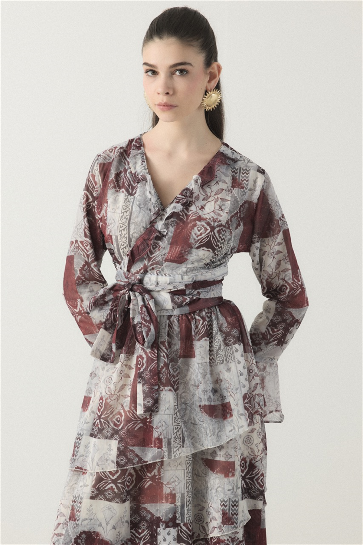 Larin Kruvaze Desenli Şifon Takım - Bordo
