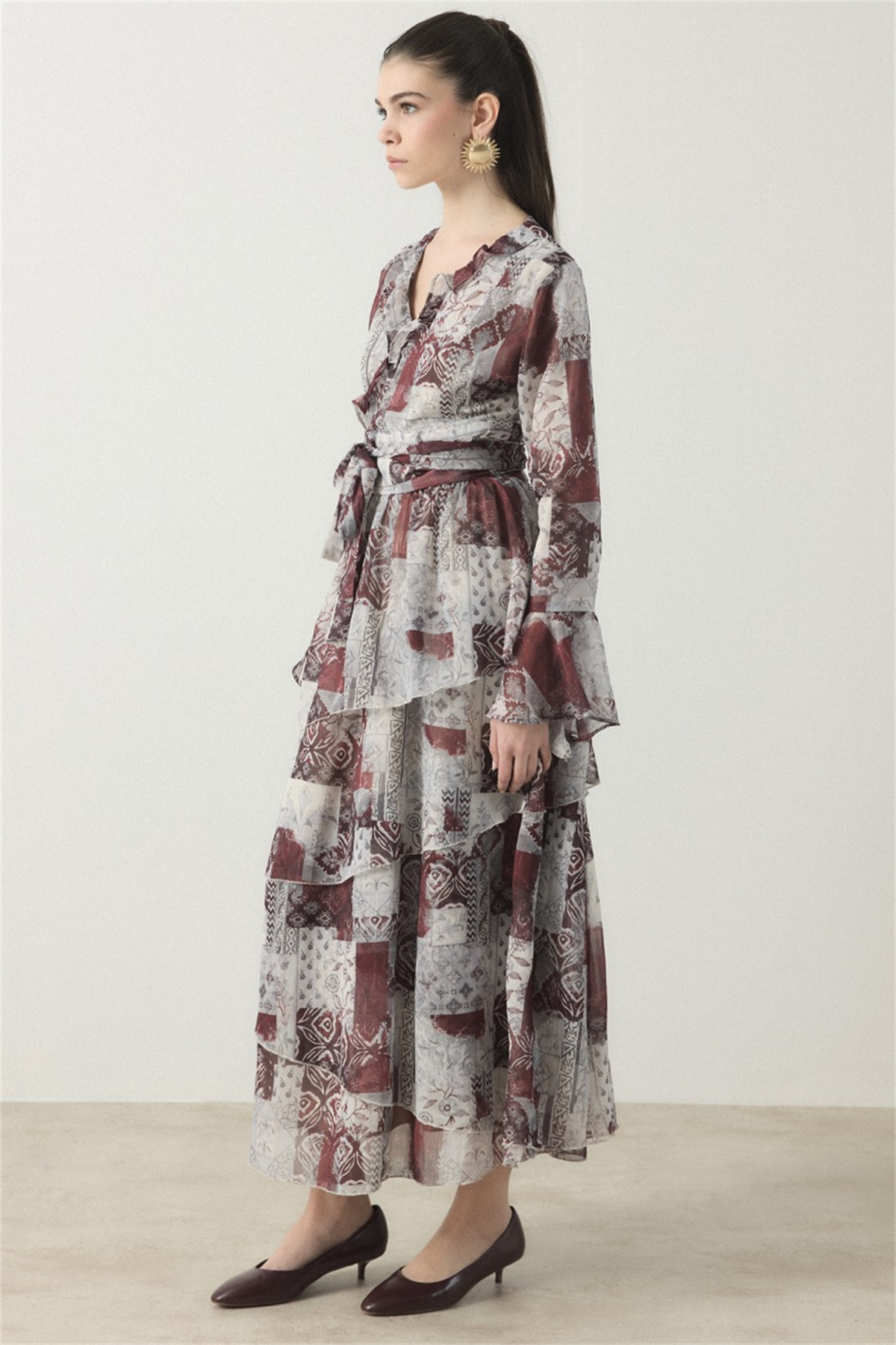 Larin Kruvaze Desenli Şifon Takım - Bordo