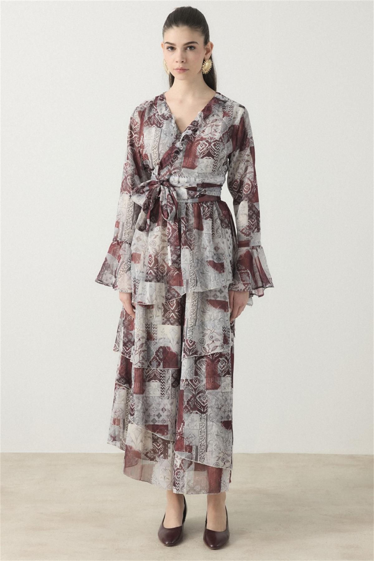 Larin Kruvaze Desenli Şifon Takım - Bordo