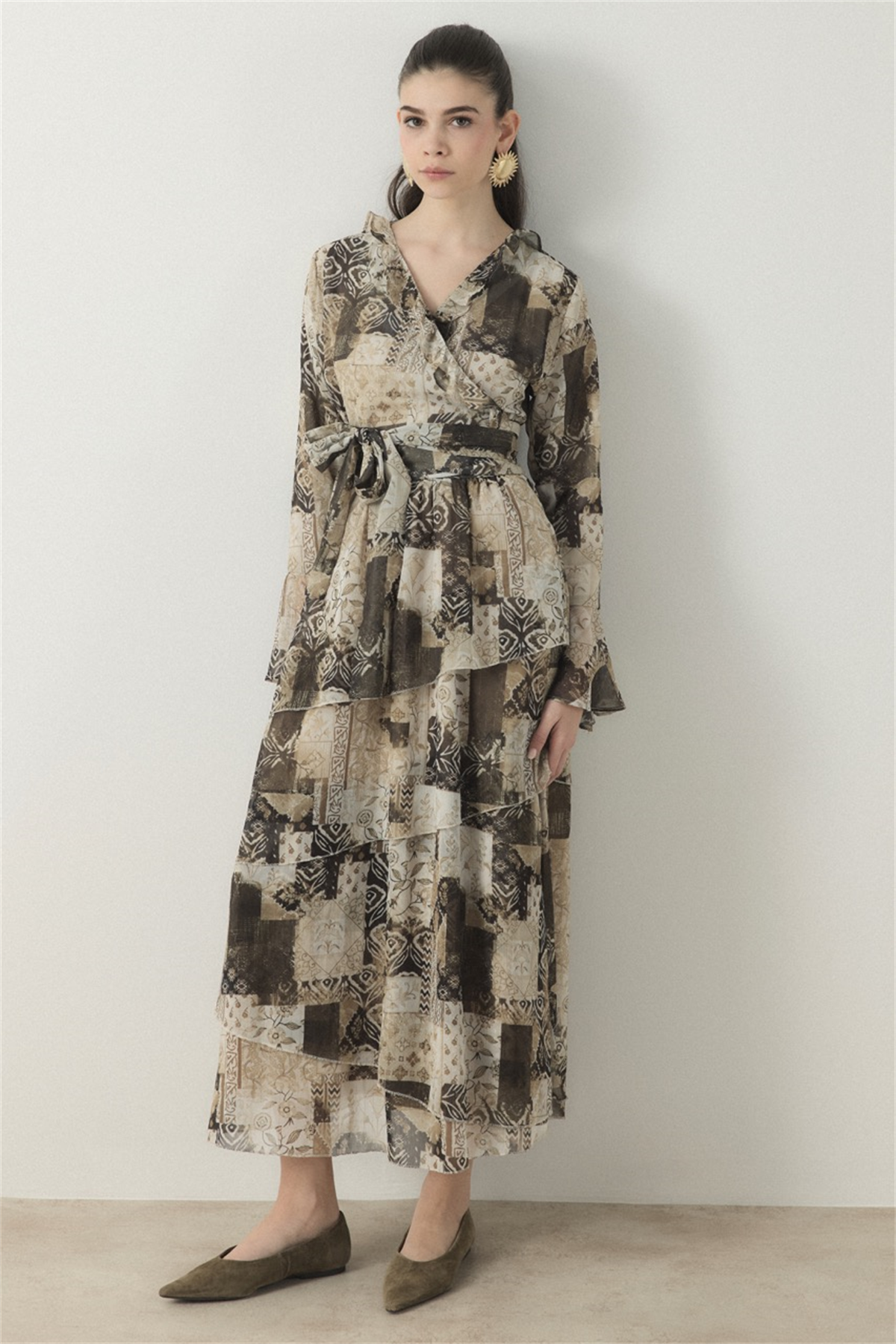 Larin Kruvaze Desenli Şifon Takım - Haki