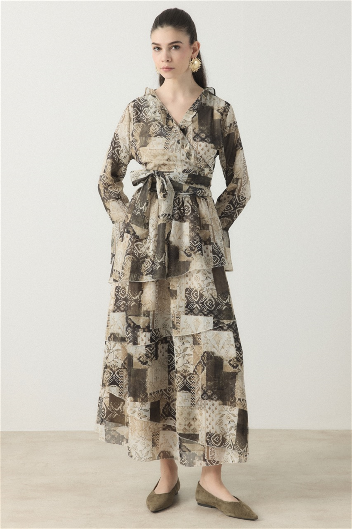 Larin Kruvaze Desenli Şifon Takım - Haki