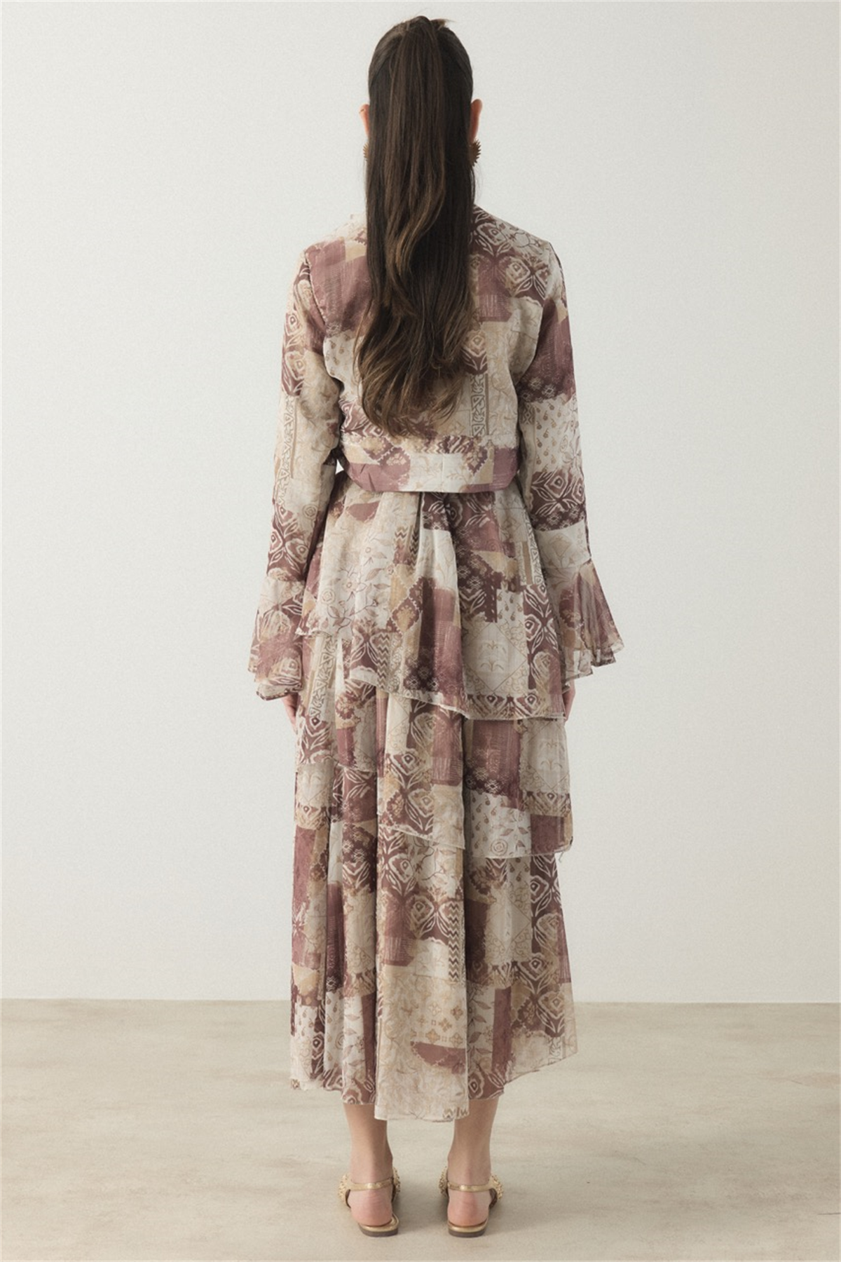 Larin Kruvaze Desenli Şifon Takım - Kahverengi