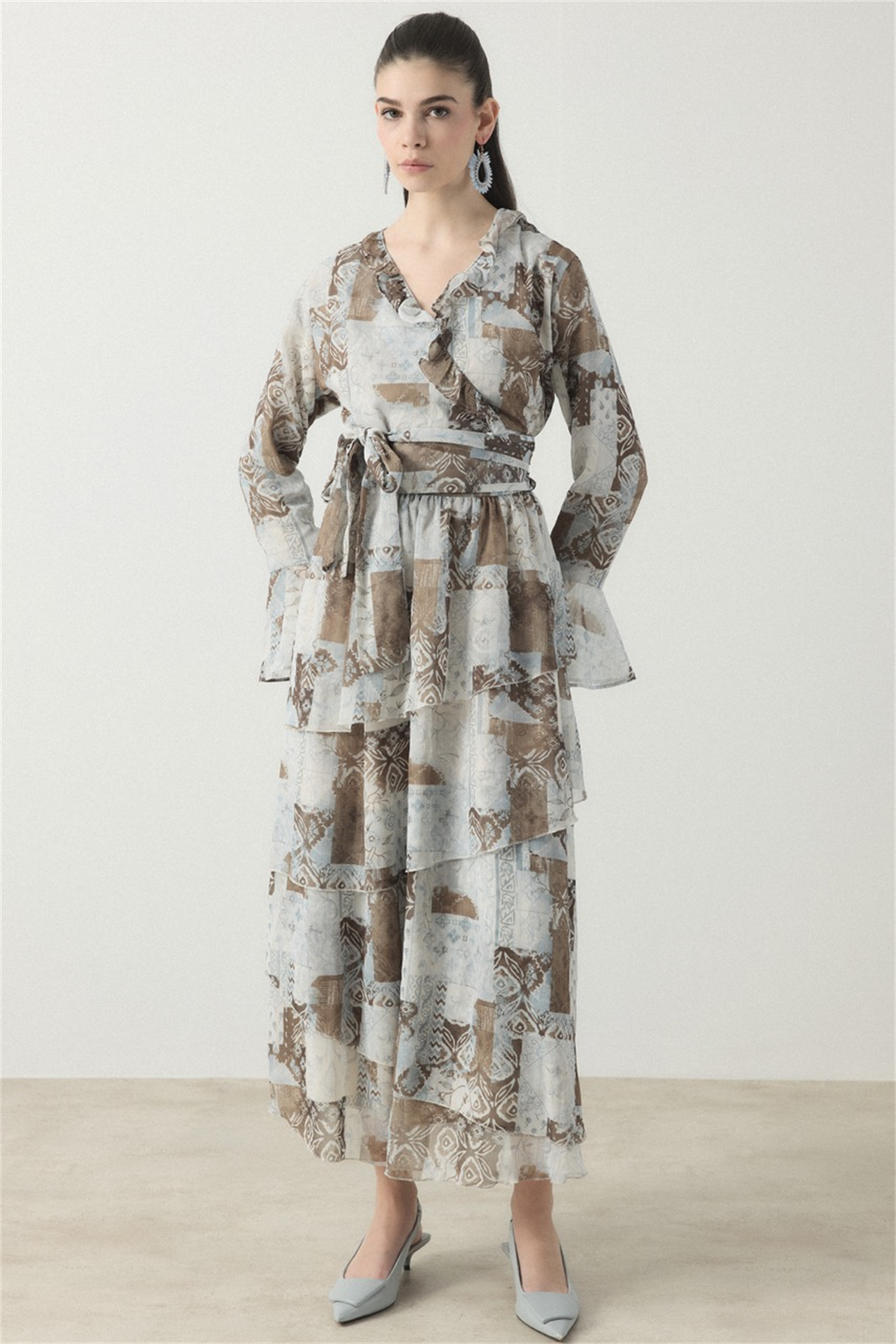 Larin Kruvaze Desenli Şifon Takım - Mavi