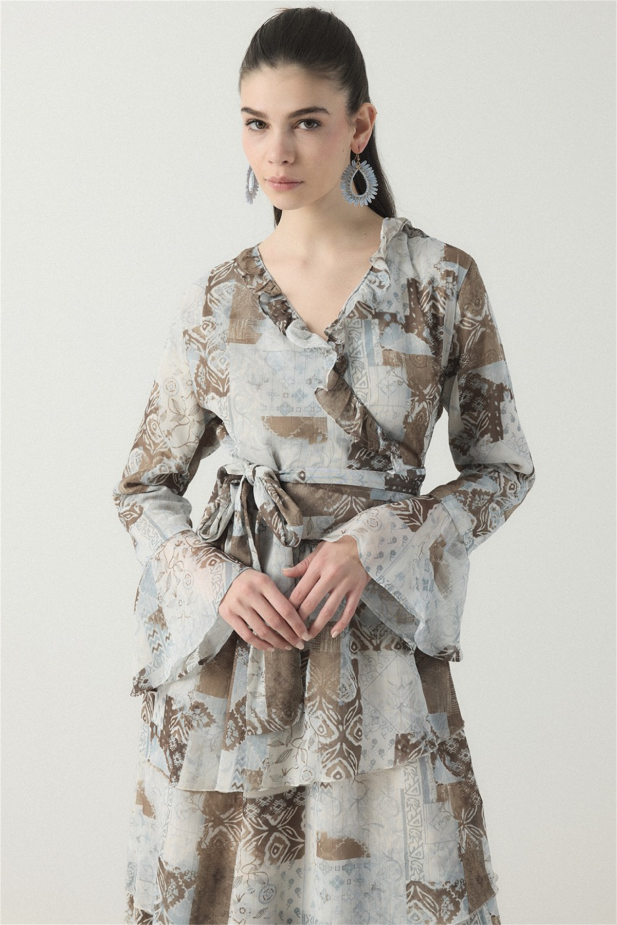 Larin Kruvaze Desenli Şifon Takım - Mavi