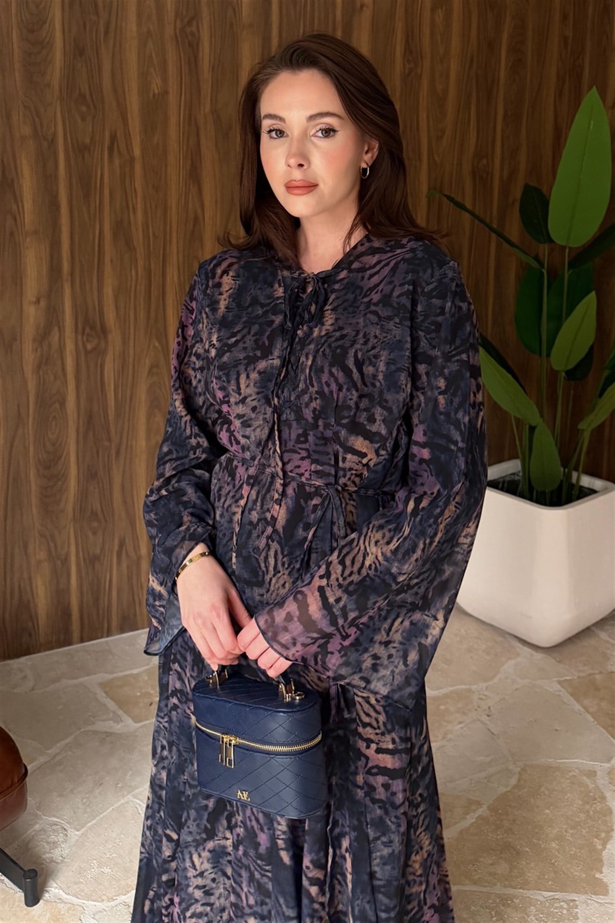 Liva Önden Bağcıklı Şifon Takım - Lacivert