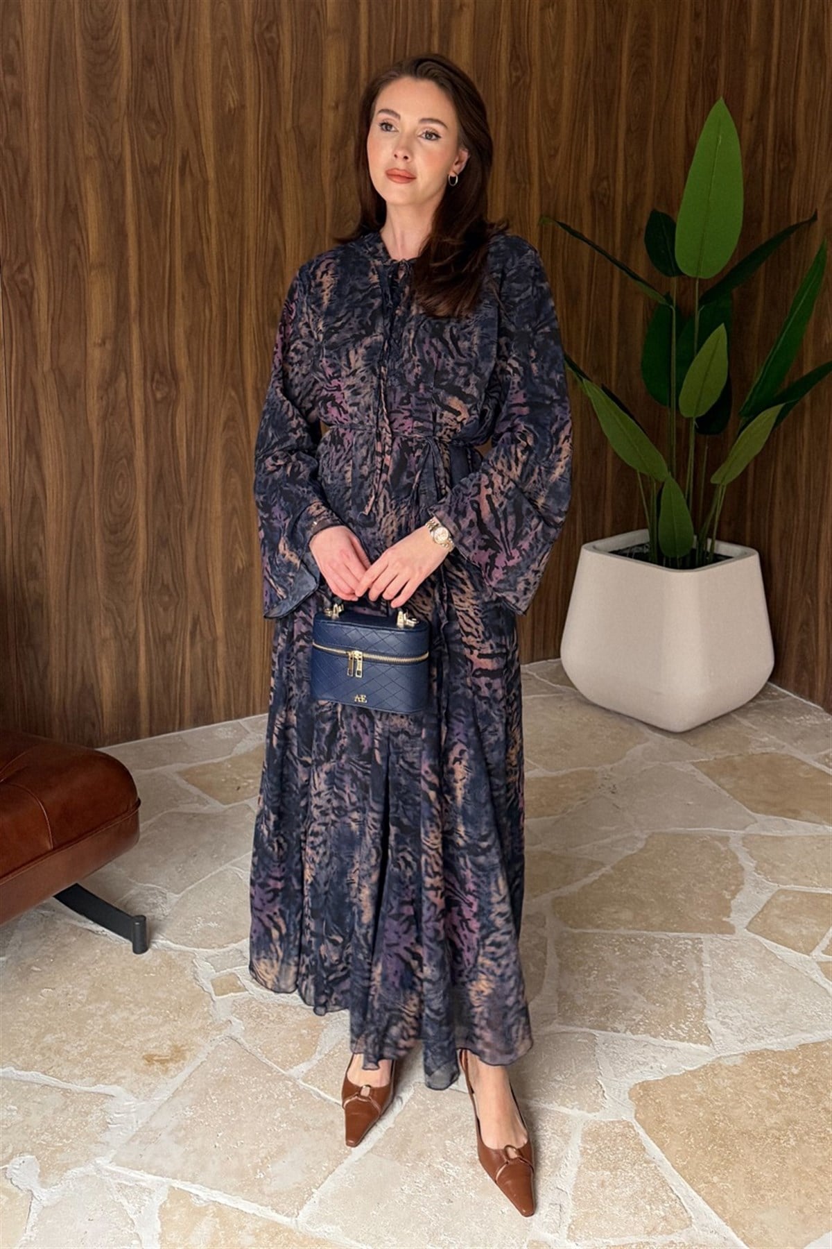 Liva Önden Bağcıklı Şifon Takım - Lacivert