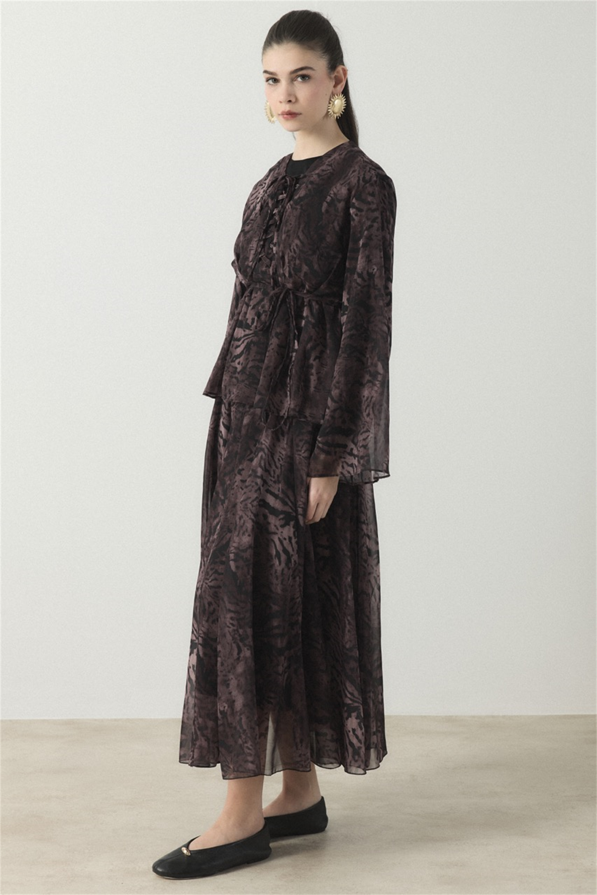 Liva Önden Bağcıklı Şifon Takım - Siyah