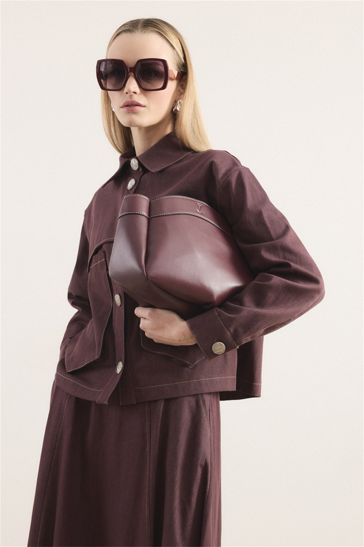 Liya Cep Detaylı Kot Etekli Takım - Bordo