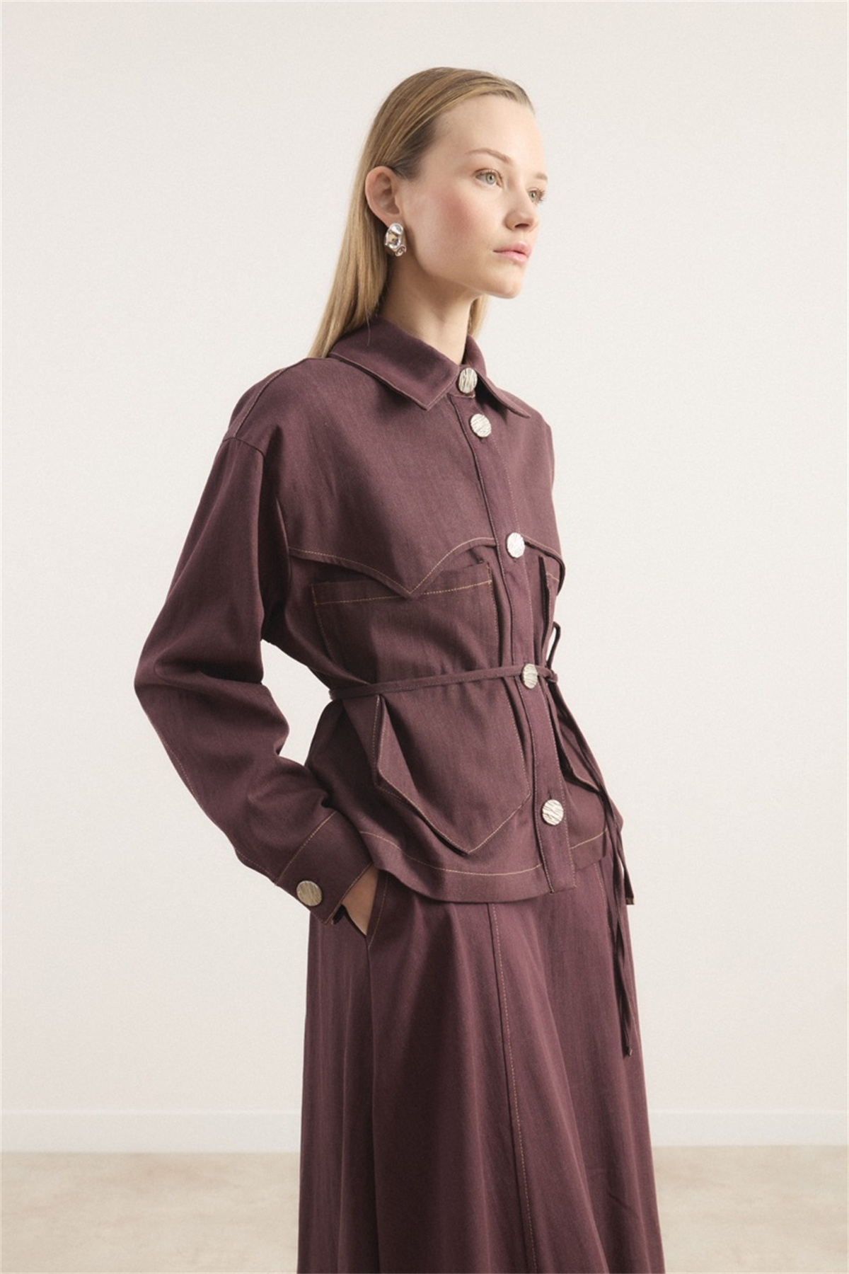 Liya Cep Detaylı Kot Etekli Takım - Bordo