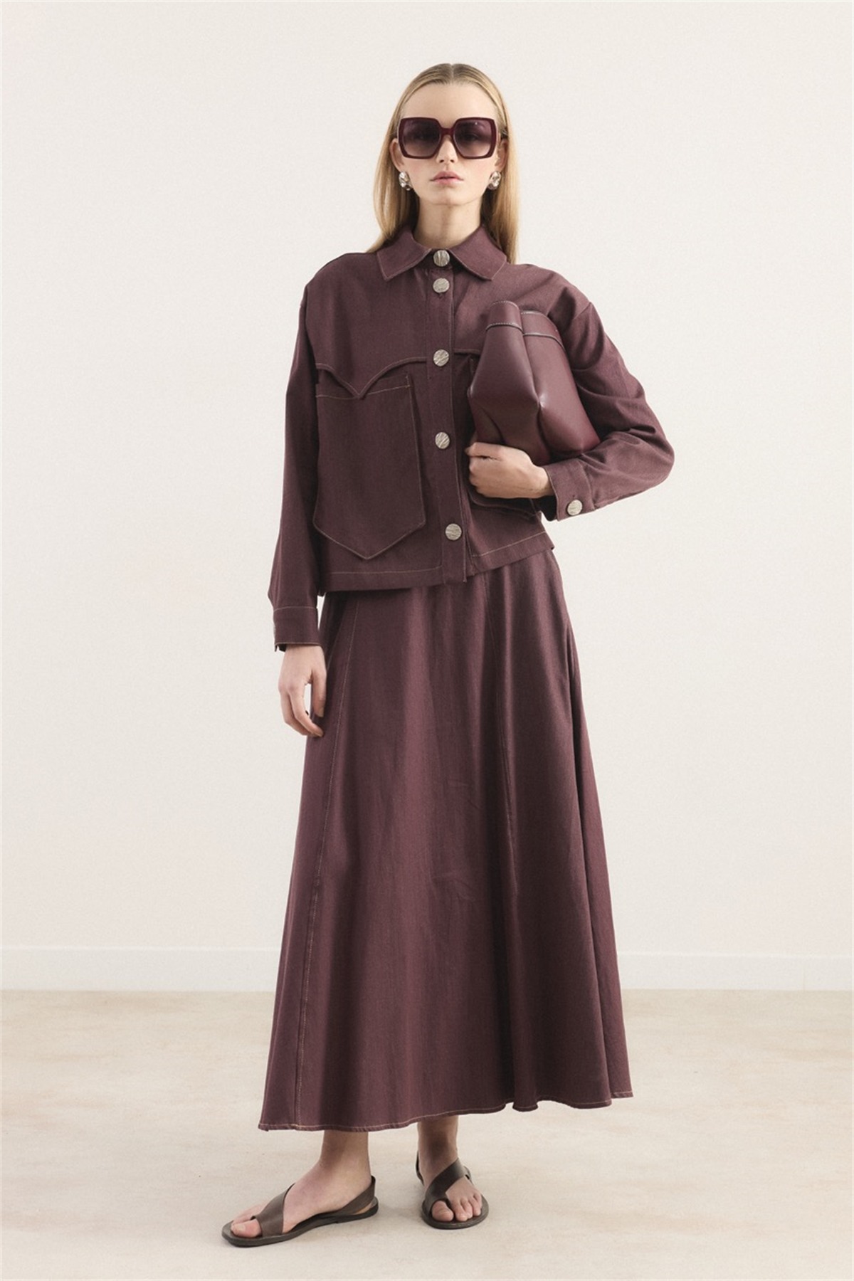 Liya Cep Detaylı Kot Etekli Takım - Bordo