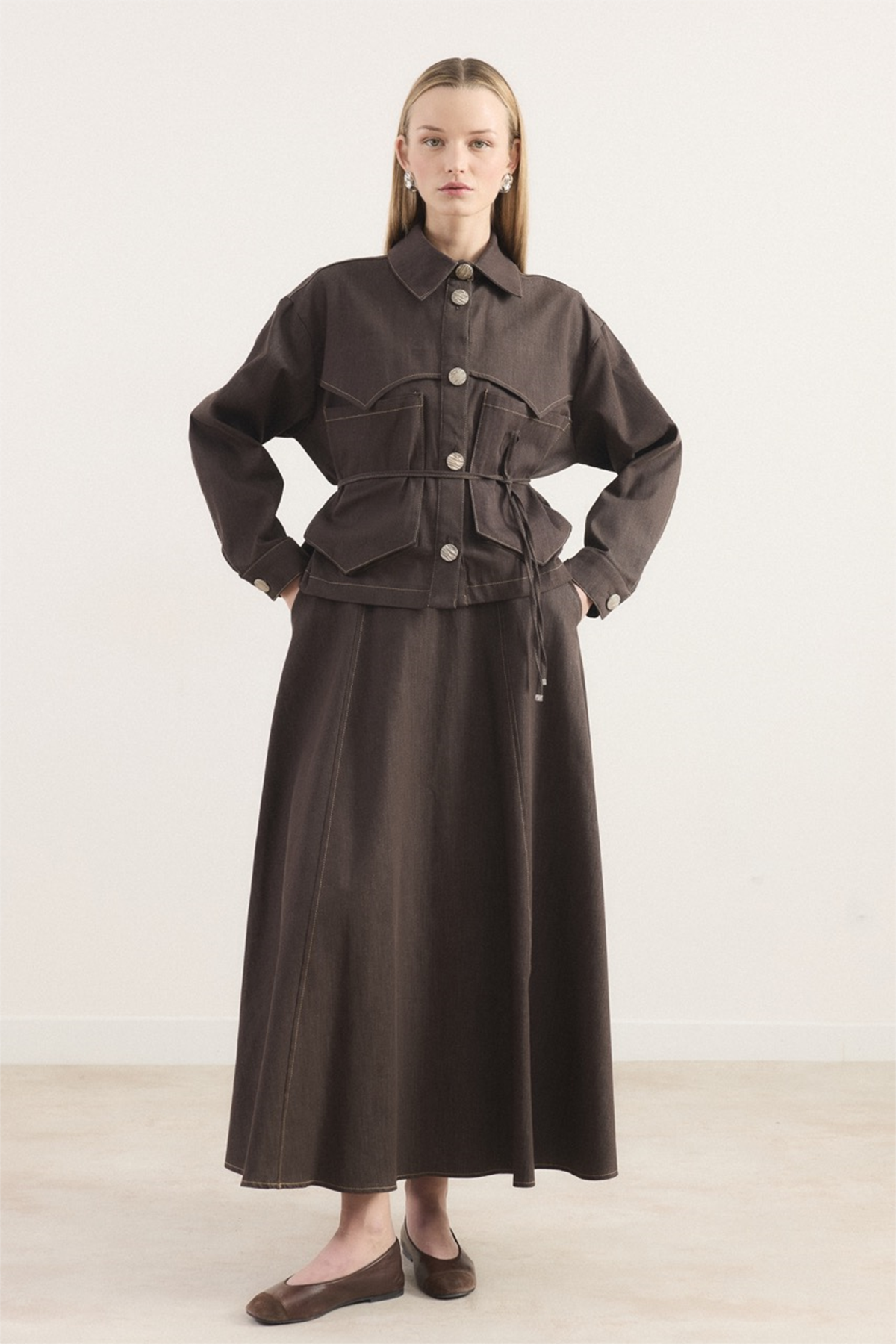 Liya Cep Detaylı Kot Etekli Takım - Kahve