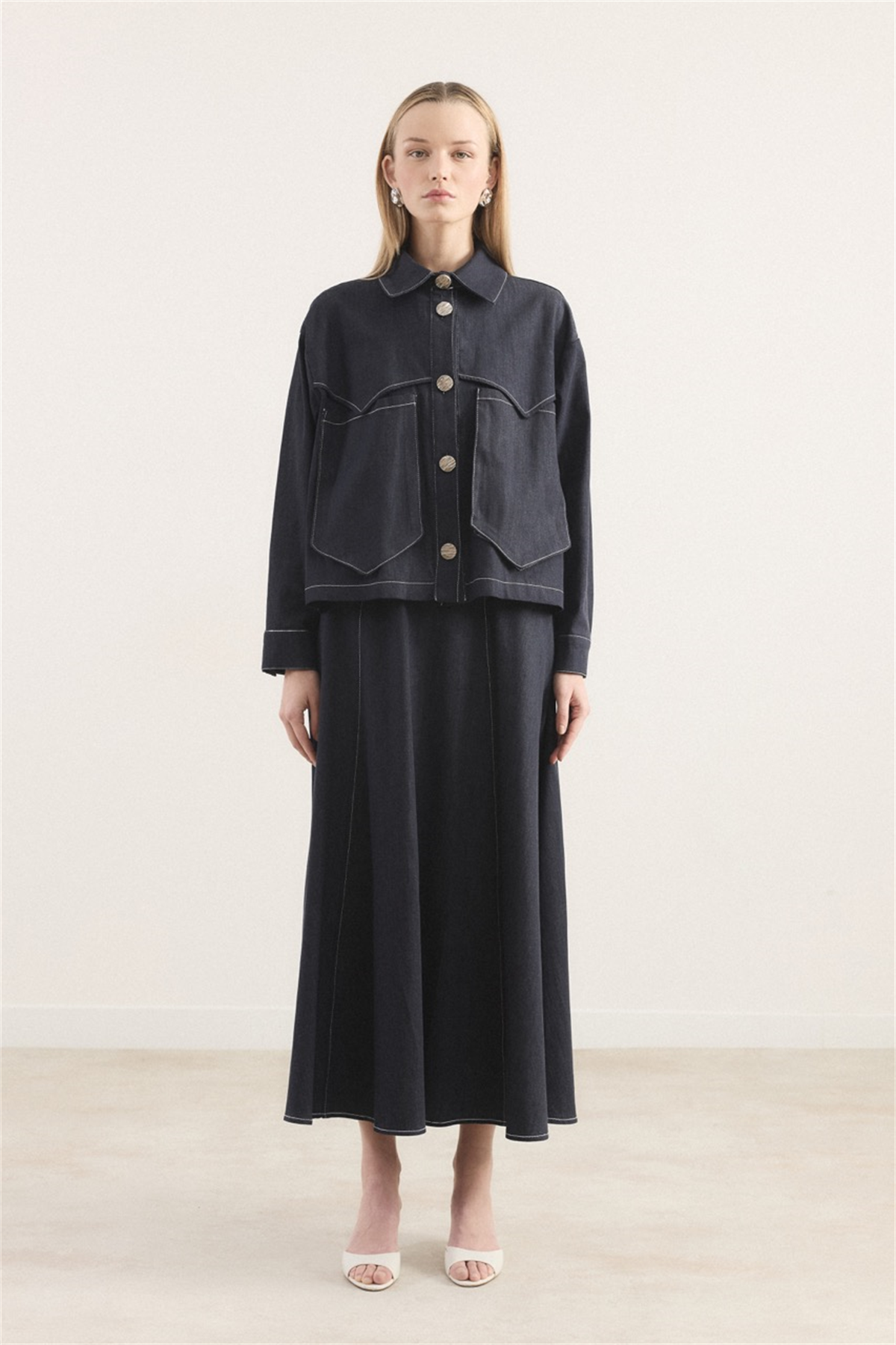 Liya Cep Detaylı Kot Etekli Takım - Lacivert