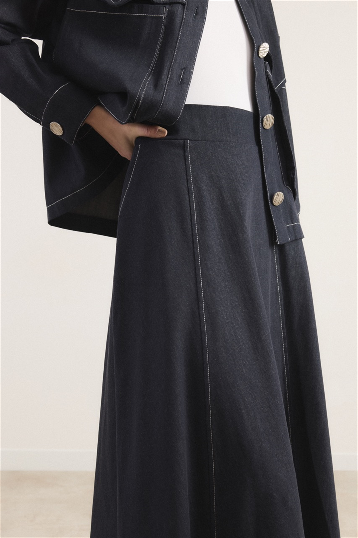 Liya Cep Detaylı Kot Etekli Takım - Lacivert