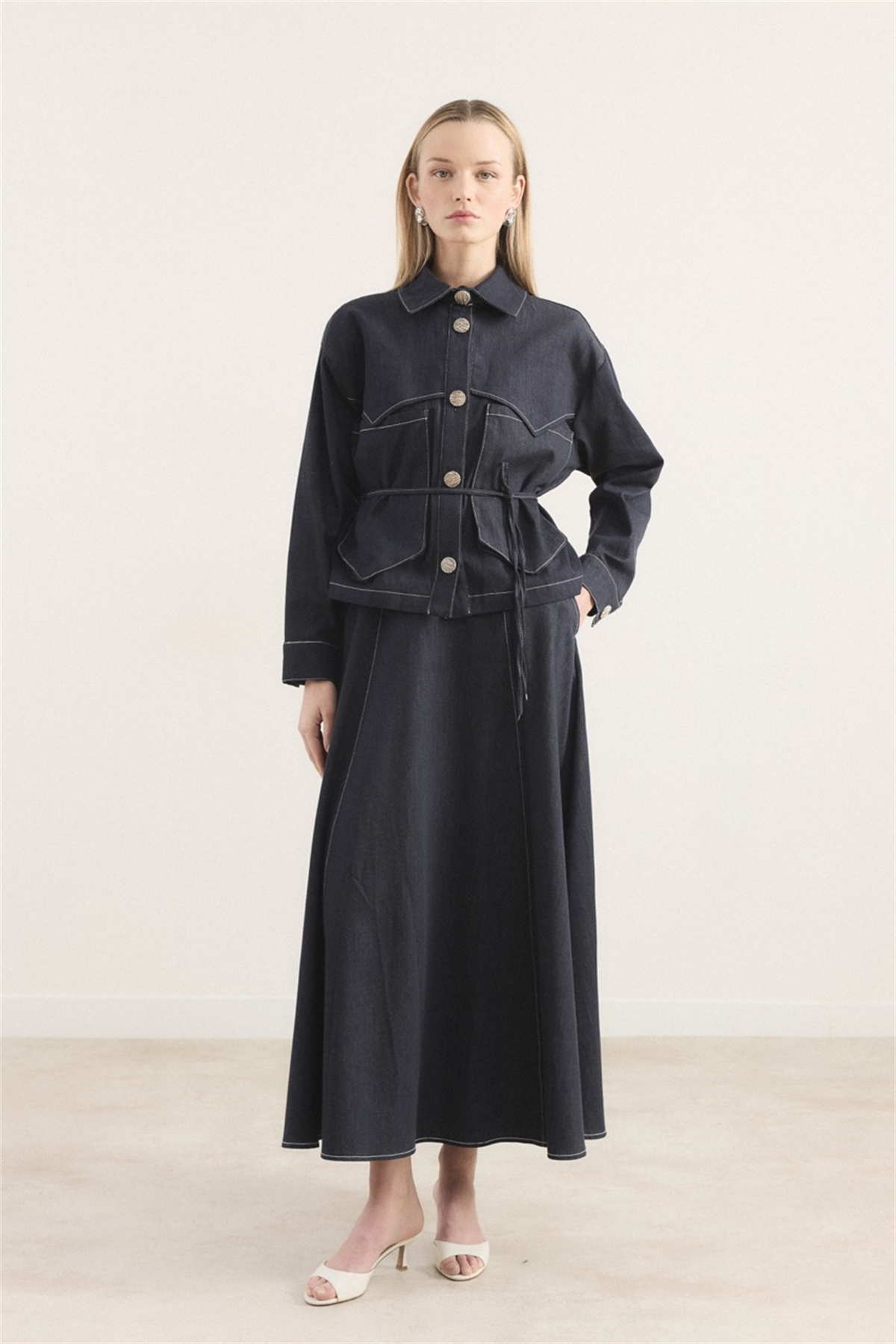 Liya Cep Detaylı Kot Etekli Takım - Lacivert