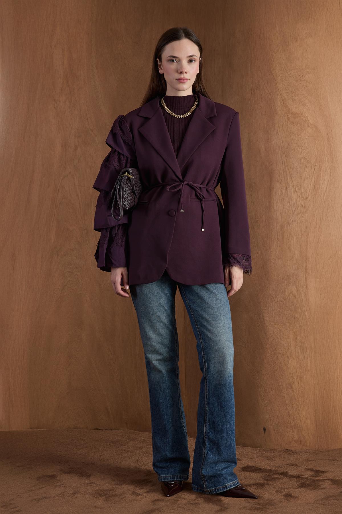 Louie Kol Dantelli Double Ceket - Bordo