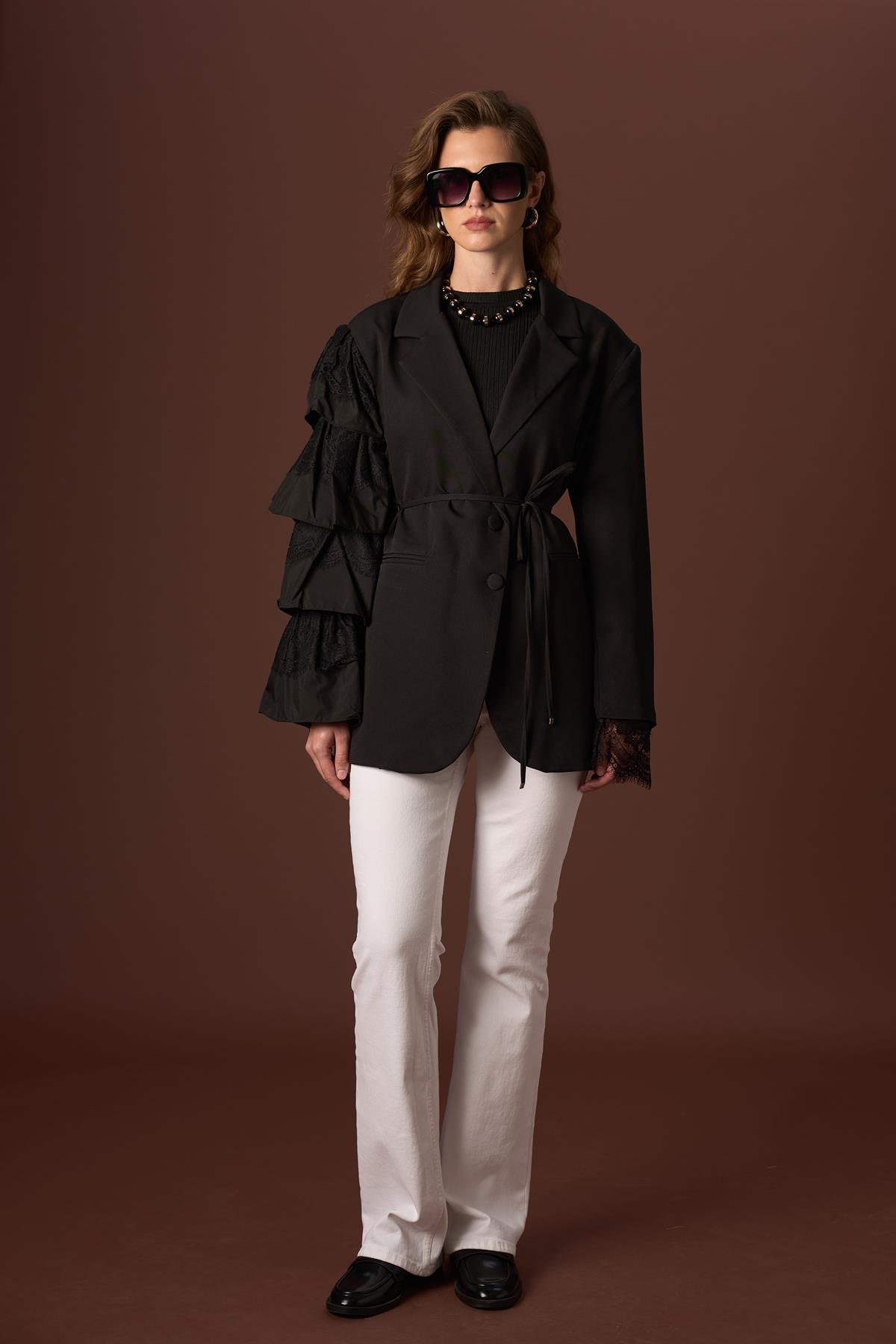 Louie Kol Dantelli Double Ceket - Siyah