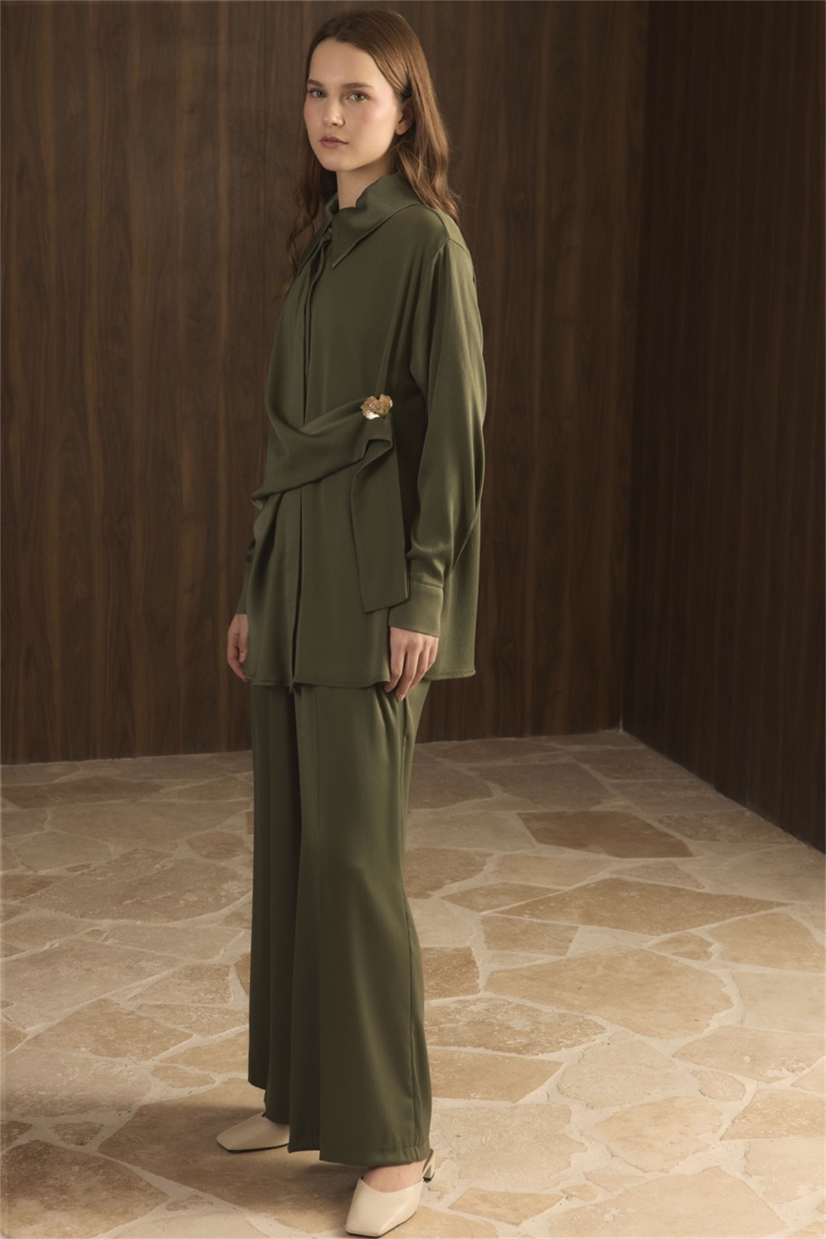 Madella Bağlamalı Broşlu Takım - Haki