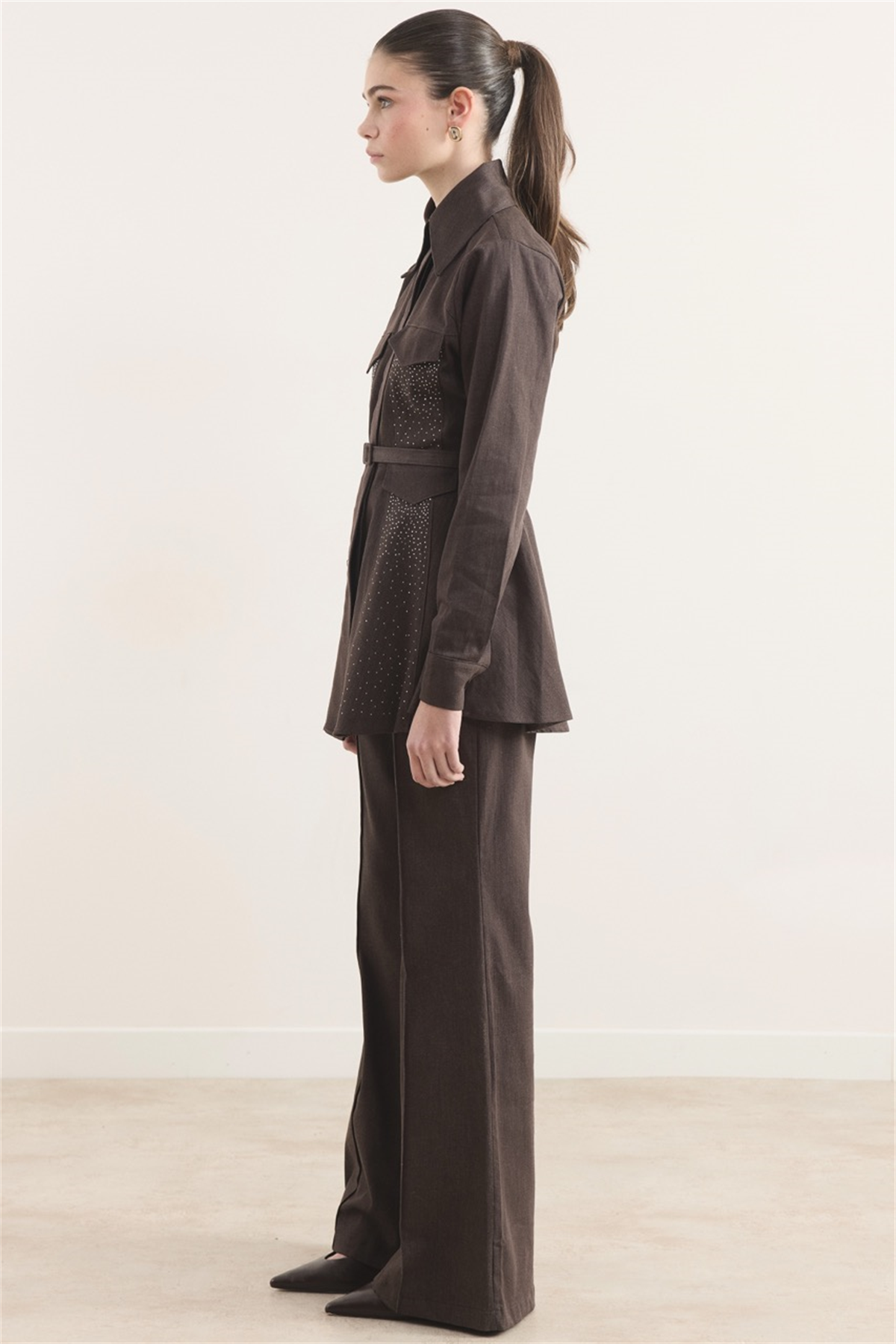 Mage Önü Taşlı Kot Takım - Kahve