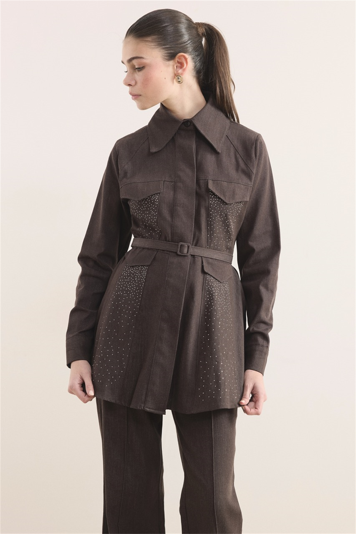 Mage Önü Taşlı Kot Takım - Kahve