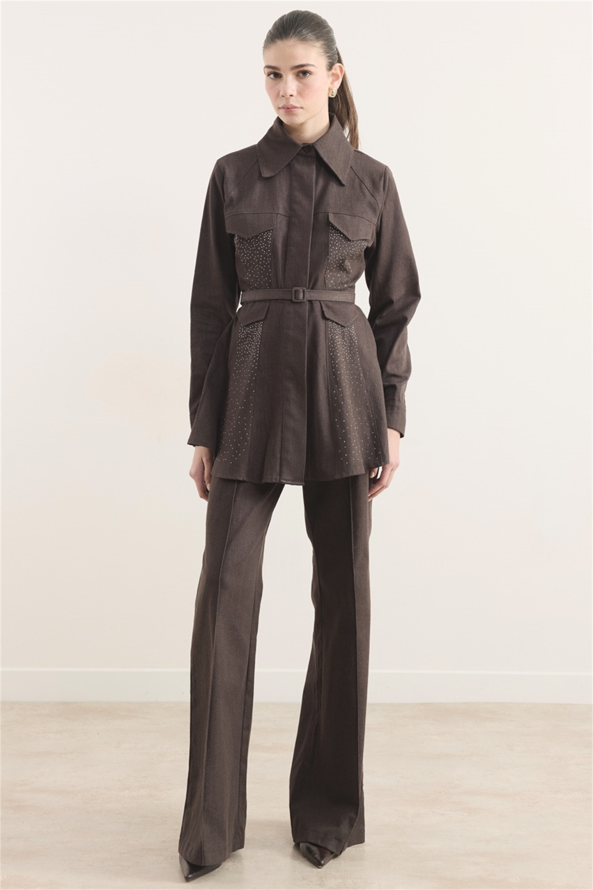 Mage Önü Taşlı Kot Takım - Kahve