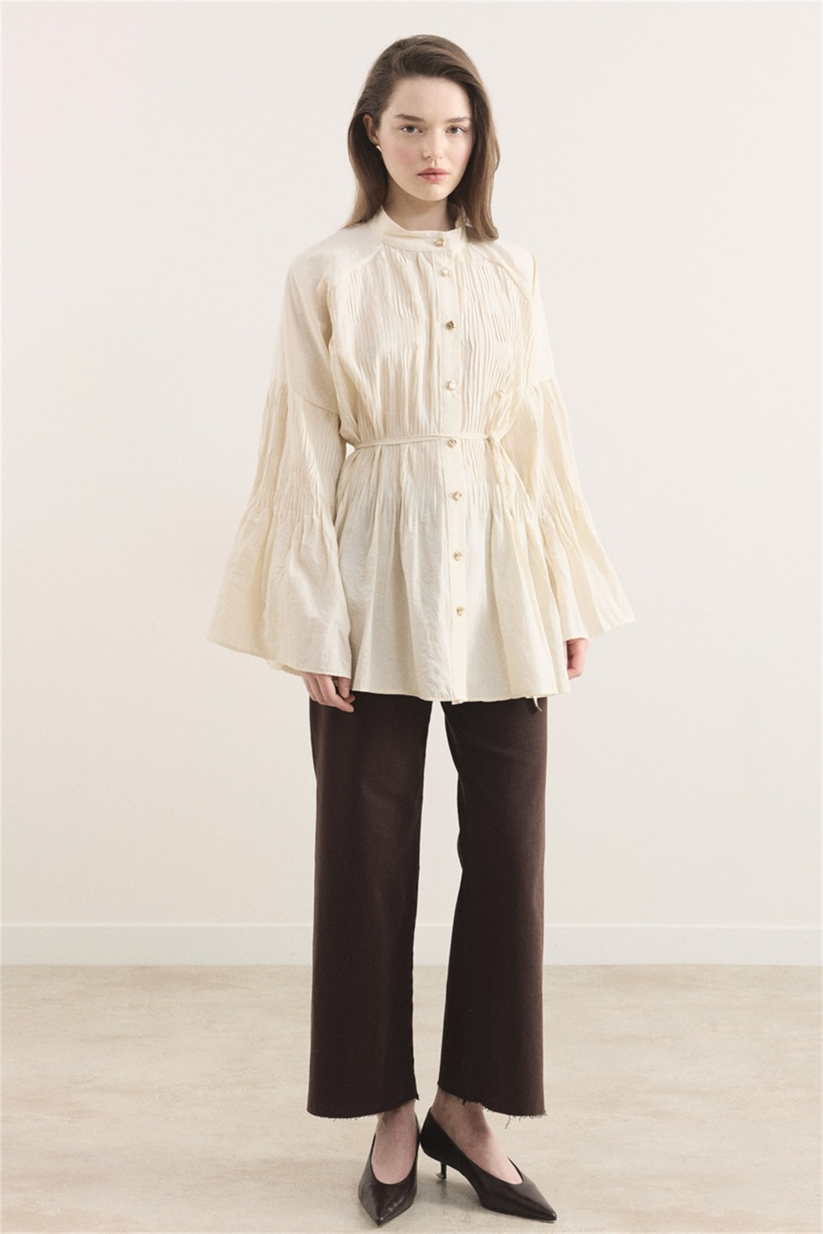 Martha Düğmeli Belden Bağlamalı Gömlek - Bej