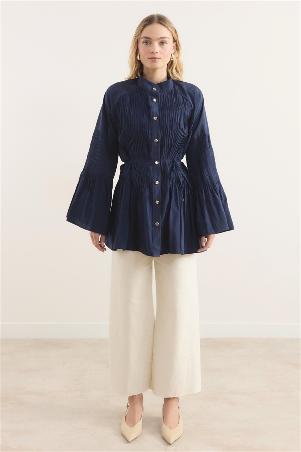 Martha Düğmeli Belden Bağlamalı Gömlek - Lacivert