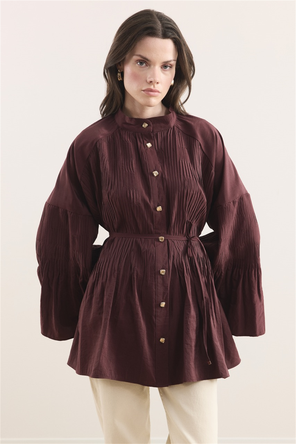 Martha Düğmeli Belden Bağlamalı Gömlek - Bordo