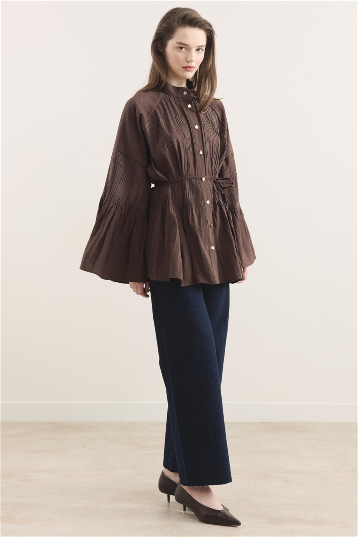 Martha Düğmeli Belden Bağlamalı Gömlek - Kahve