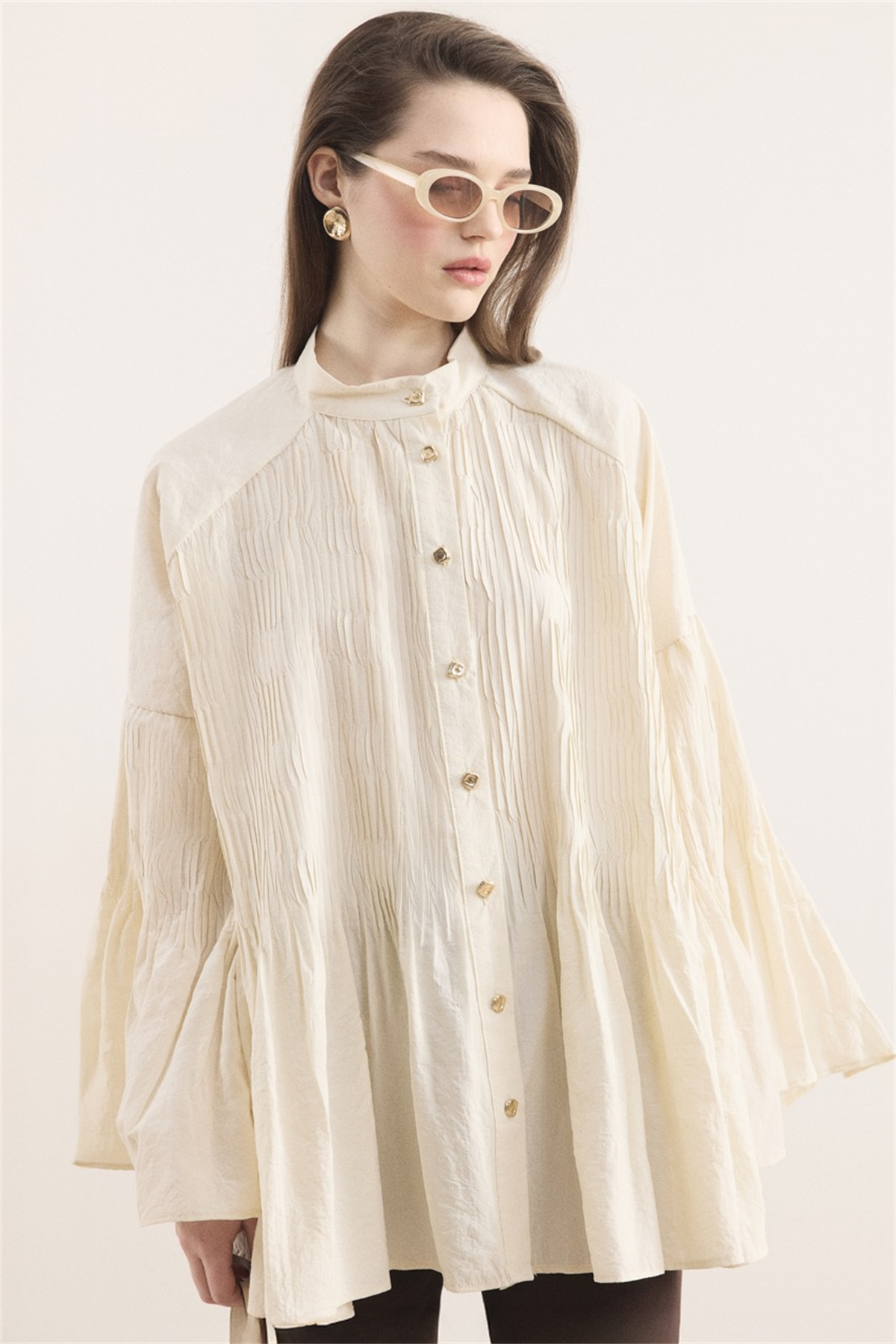 Martha Düğmeli Belden Bağlamalı Gömlek - Bej