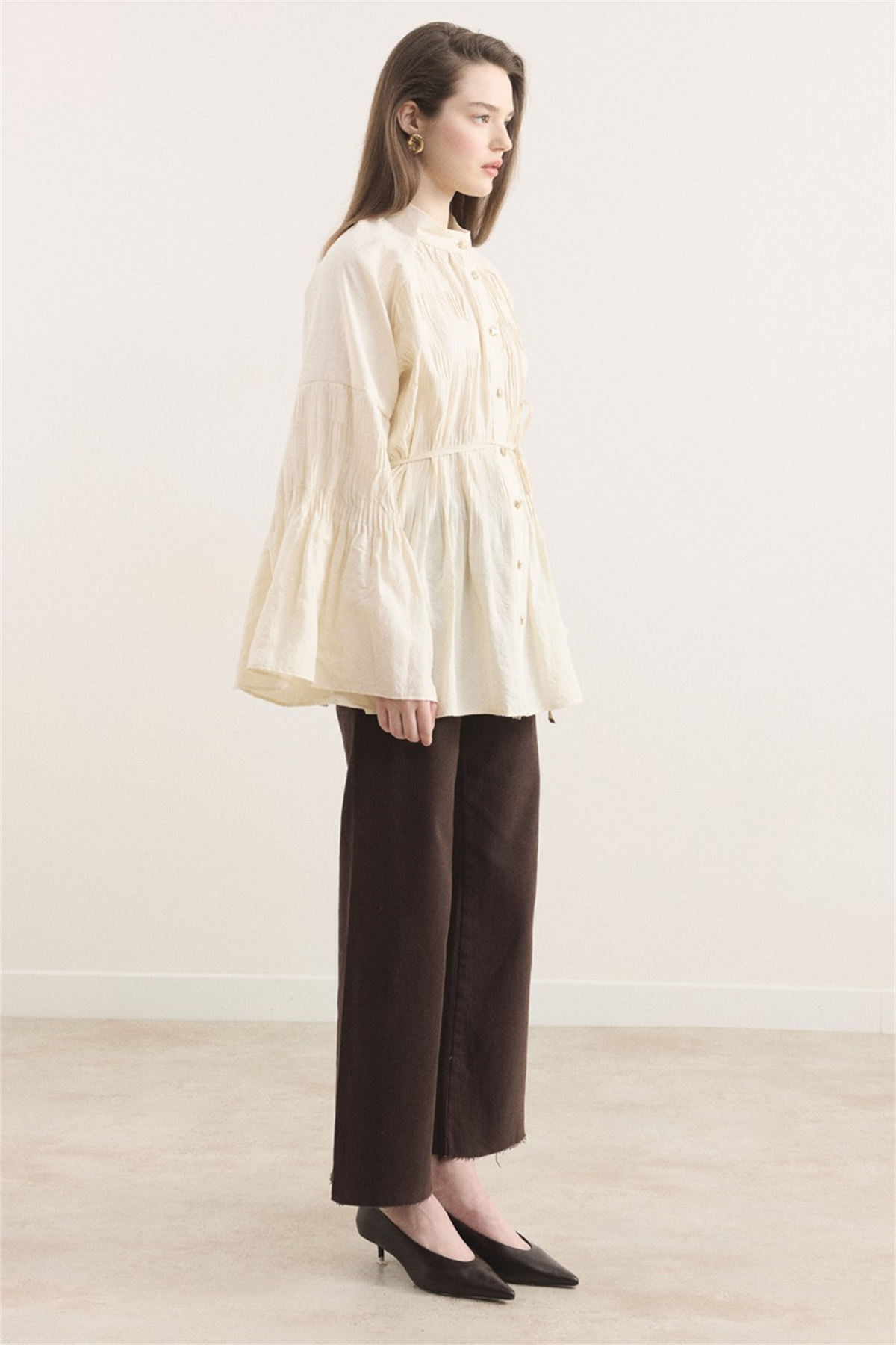 Martha Düğmeli Belden Bağlamalı Gömlek - Bej