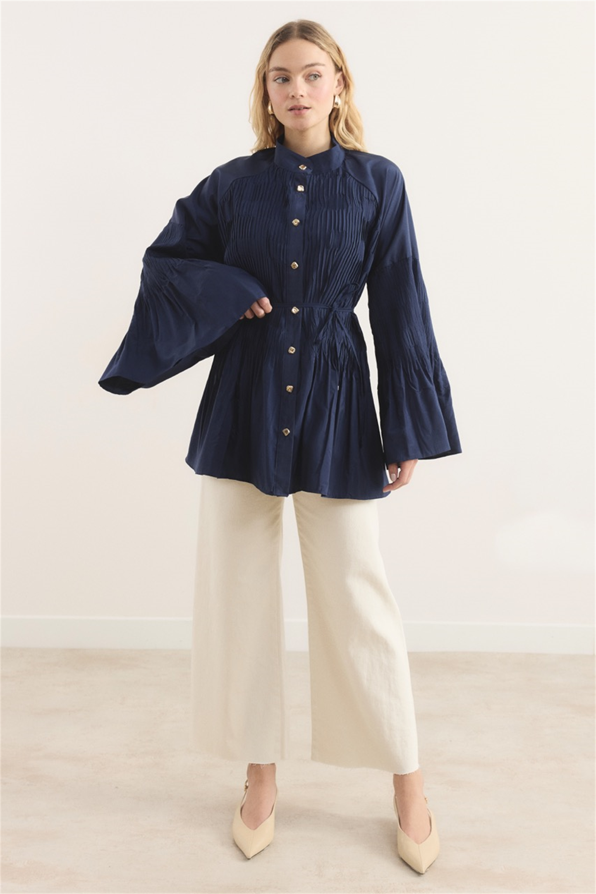 Martha Düğmeli Belden Bağlamalı Gömlek - Lacivert