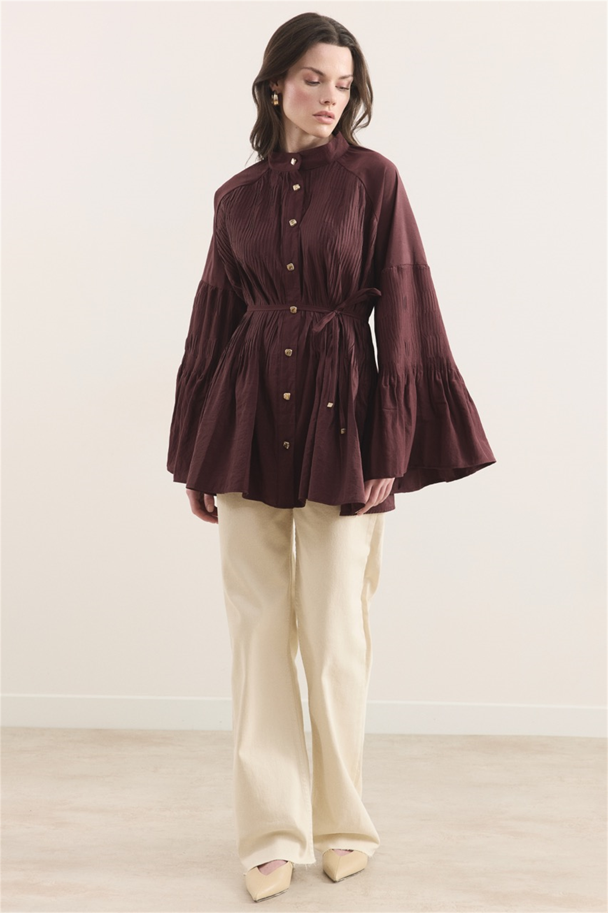 Martha Düğmeli Belden Bağlamalı Gömlek - Bordo