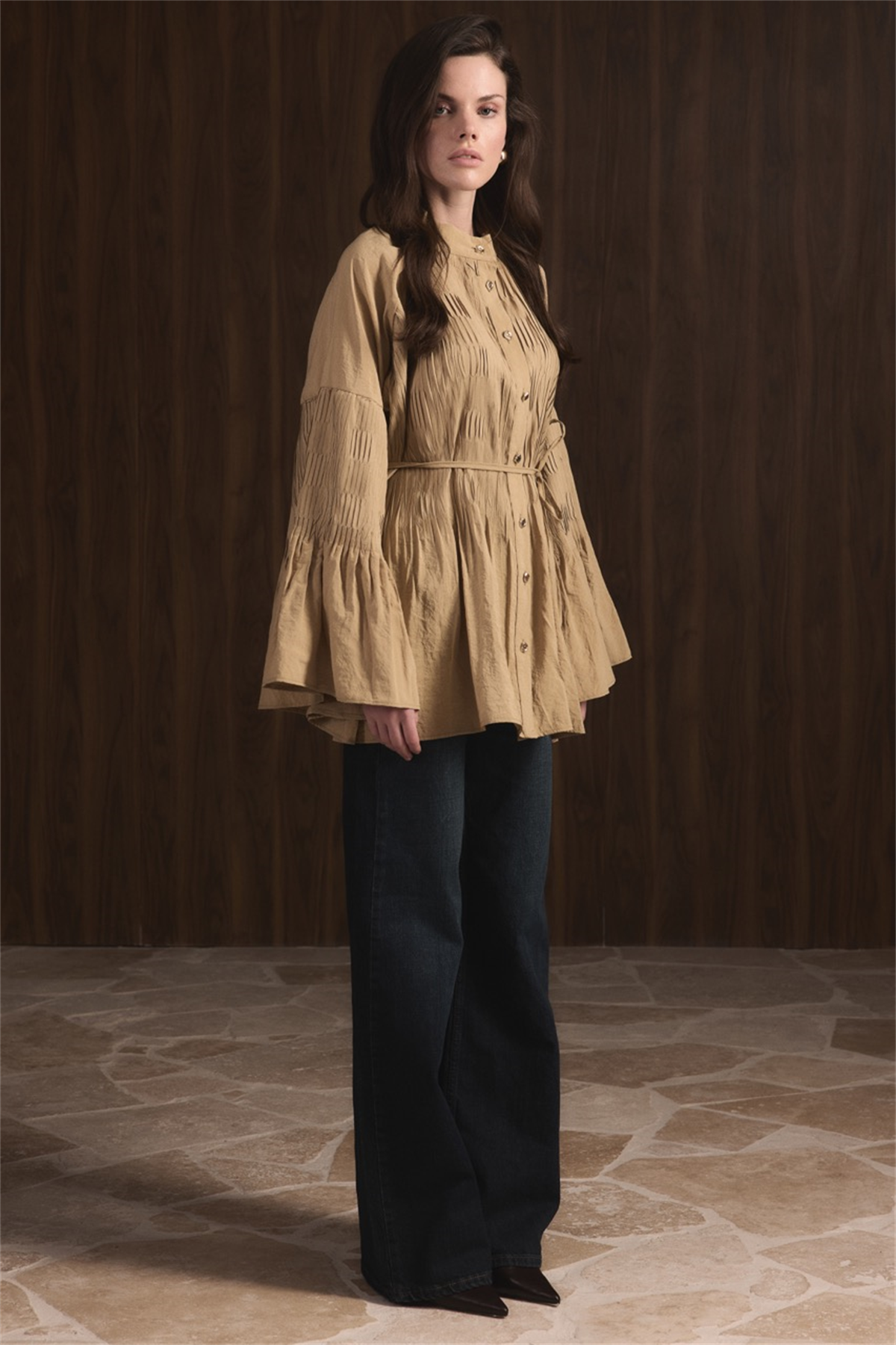 Martha Düğmeli Belden Bağlamalı Gömlek - Yeşil