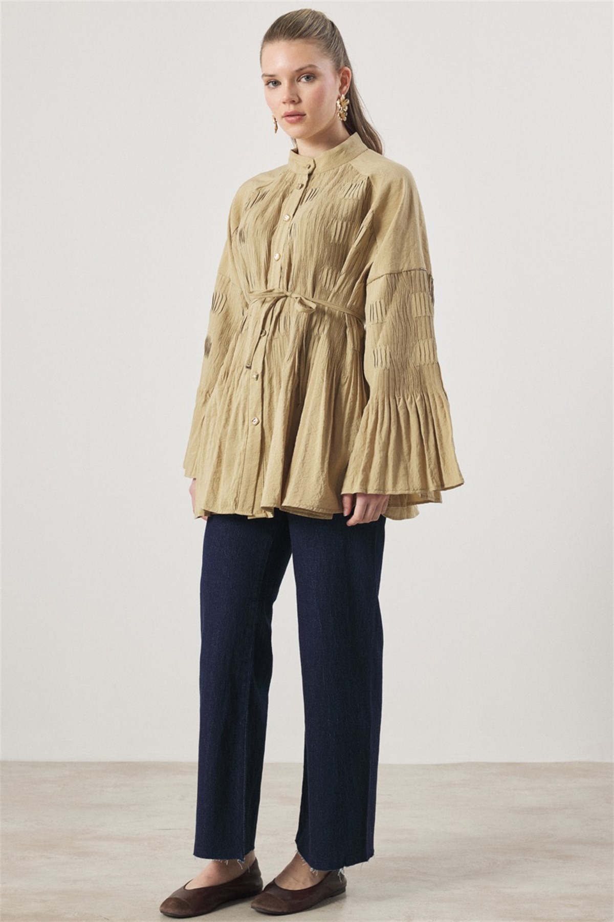 Martha Düğmeli Belden Bağlamalı Gömlek - Yağ Yeşili