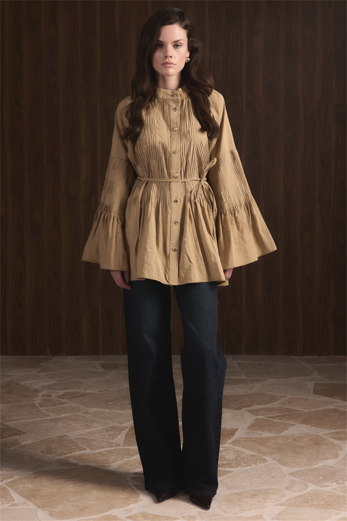 Martha Düğmeli Belden Bağlamalı Gömlek - Yeşil