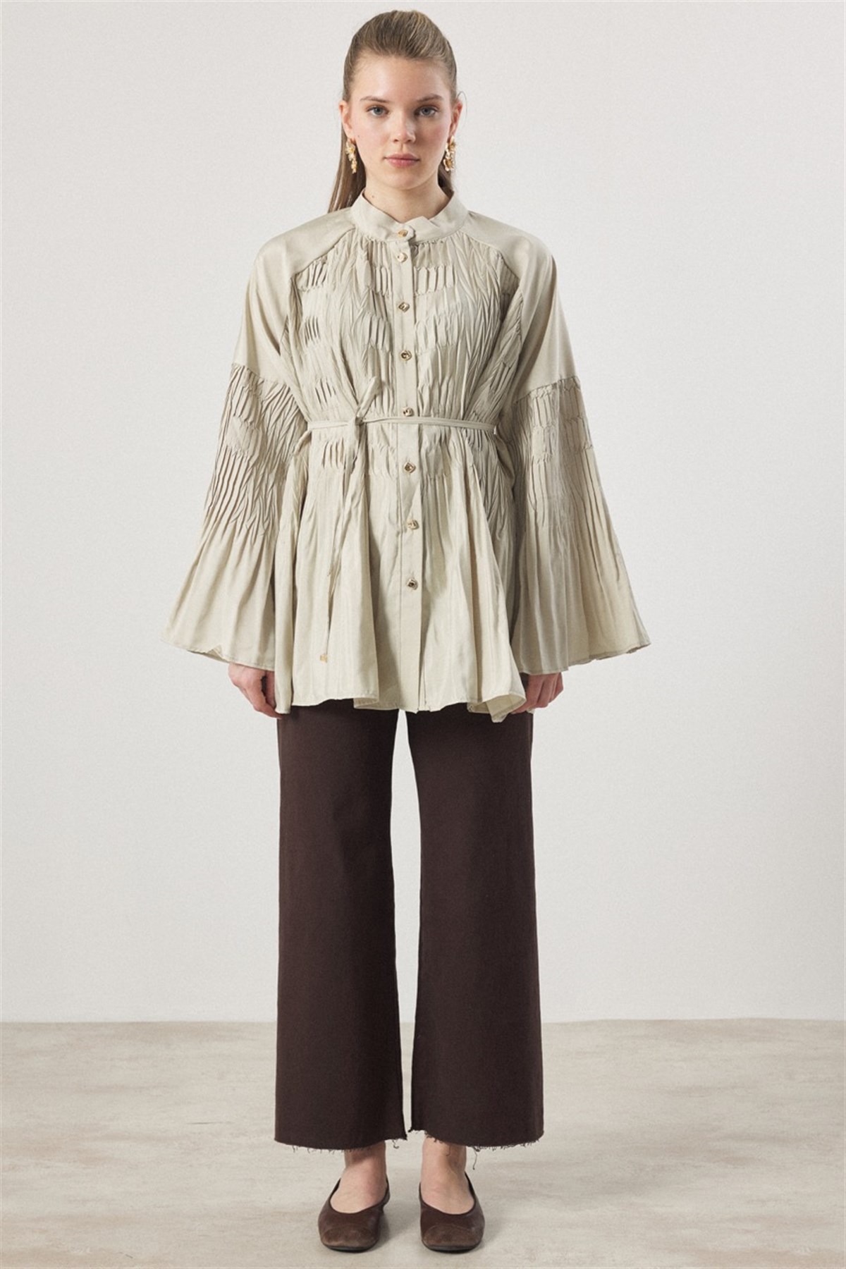 Martha Düğmeli Belden Bağlamalı Gömlek - Çağla