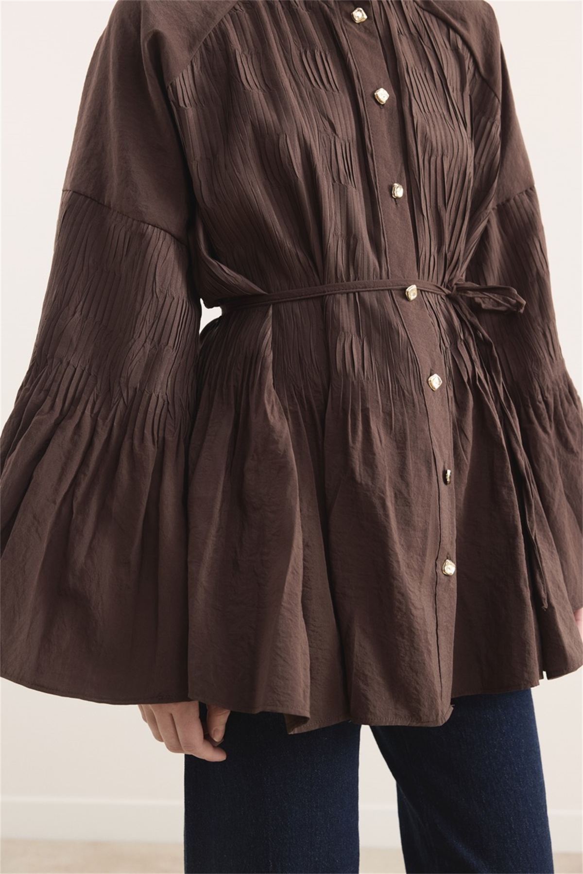 Martha Düğmeli Belden Bağlamalı Gömlek - Kahve