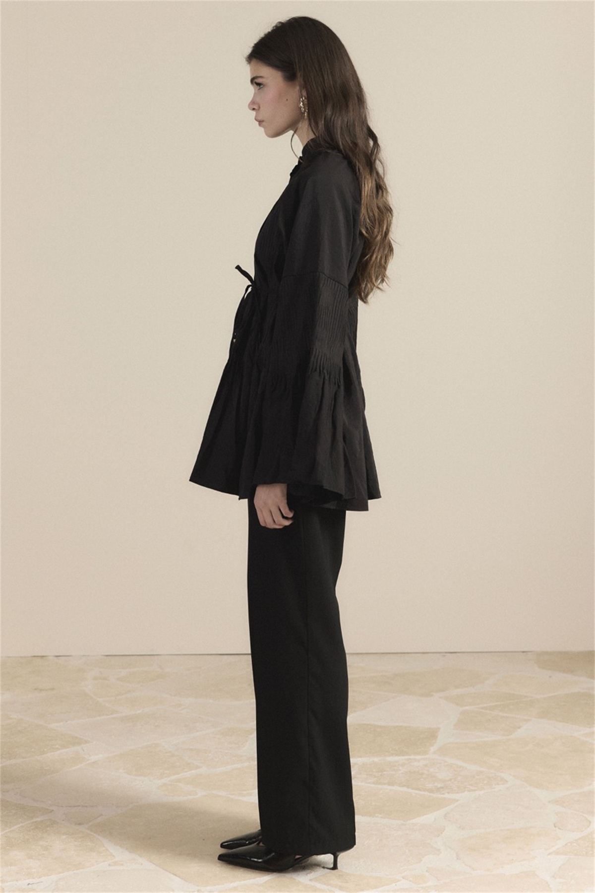 Martha Düğmeli Belden Bağlamalı Gömlek - Siyah