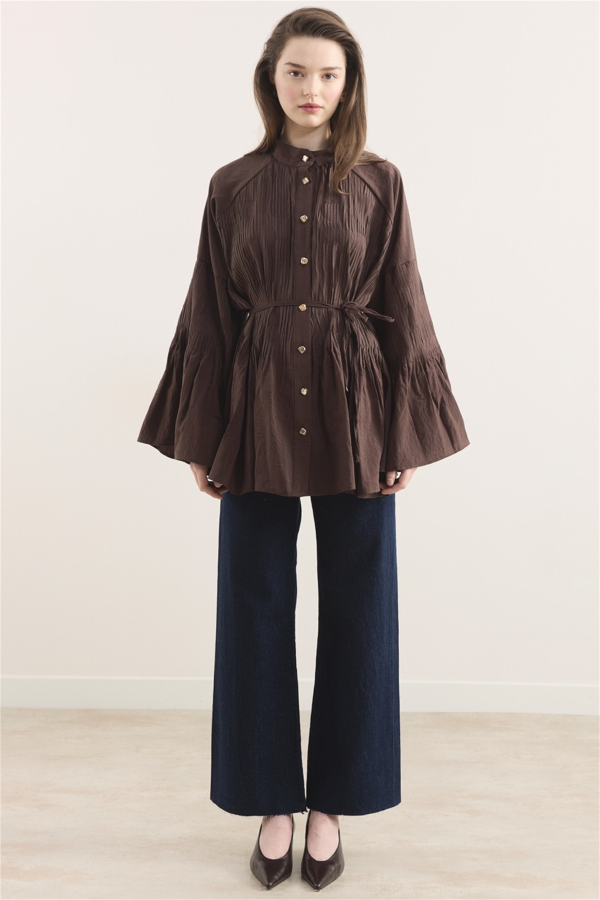 Martha Düğmeli Belden Bağlamalı Gömlek - Kahve