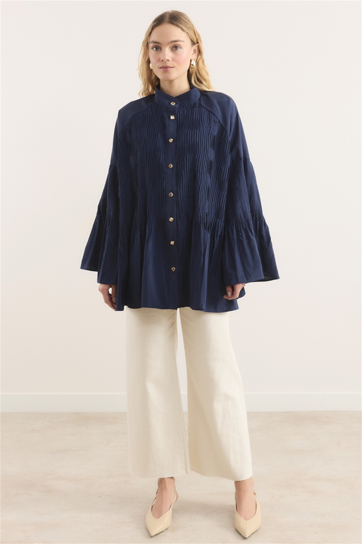 Martha Düğmeli Belden Bağlamalı Gömlek - Lacivert