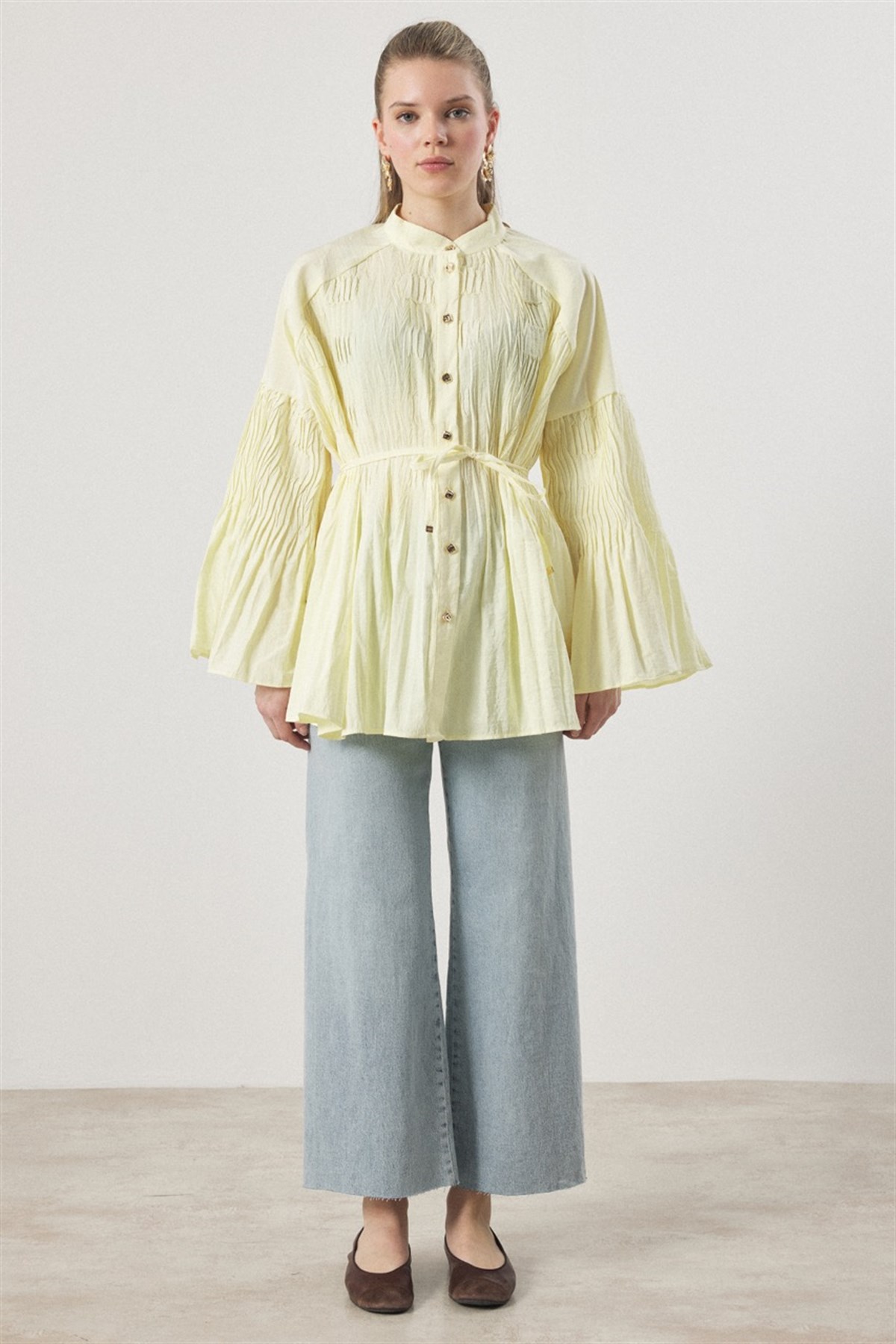 Martha Düğmeli Belden Bağlamalı Gömlek - Sarı