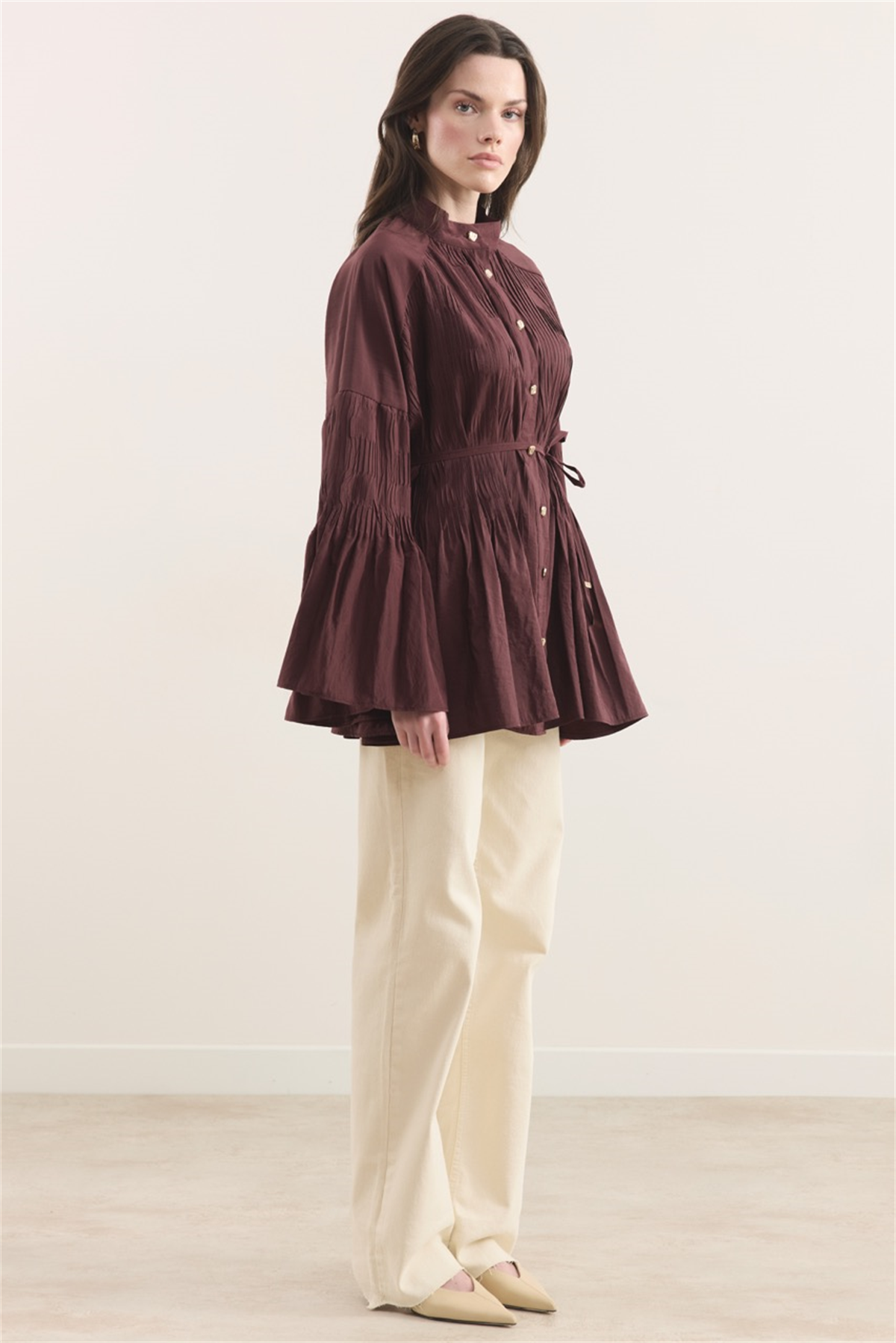 Martha Düğmeli Belden Bağlamalı Gömlek - Bordo