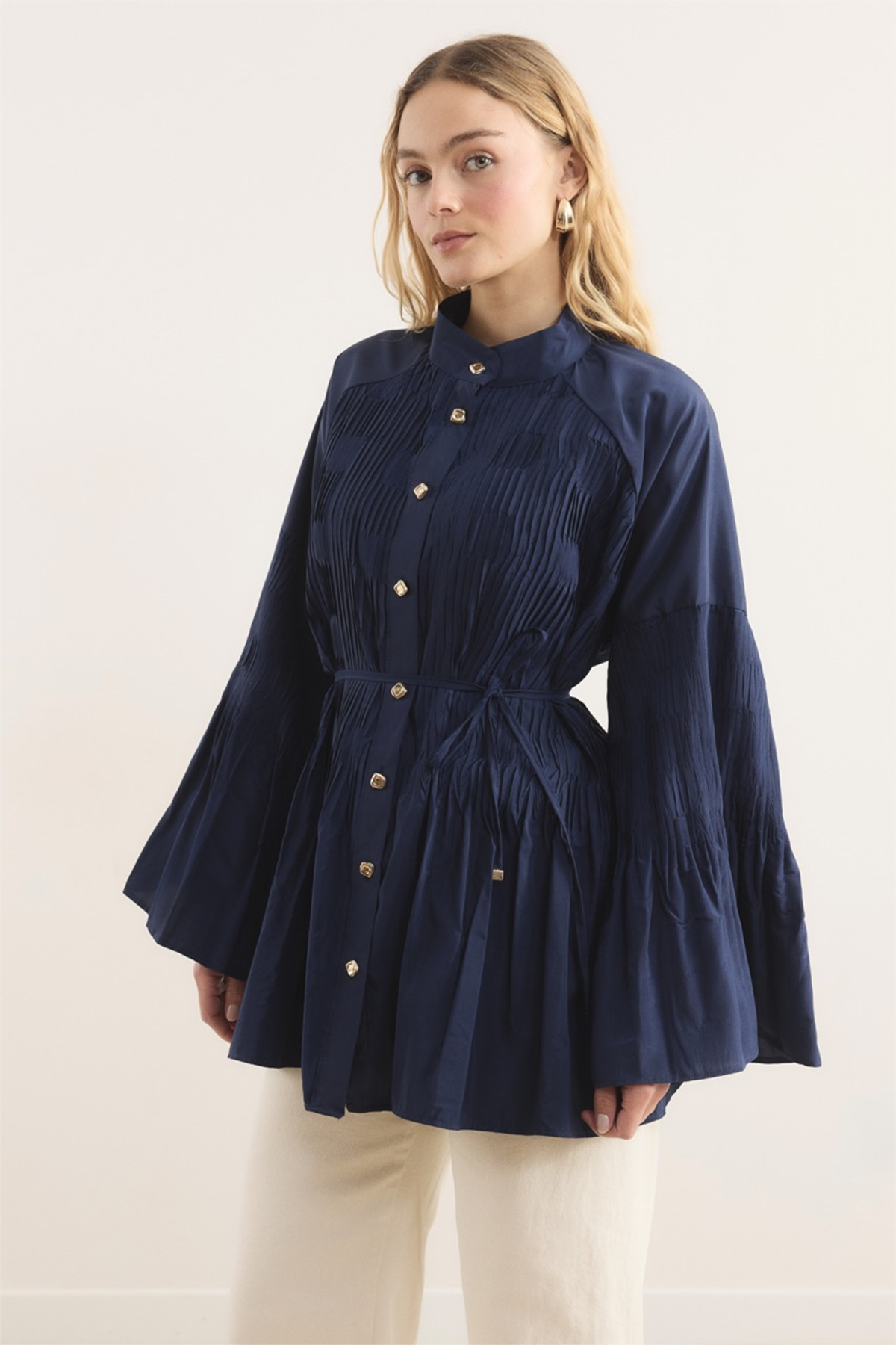 Martha Düğmeli Belden Bağlamalı Gömlek - Lacivert