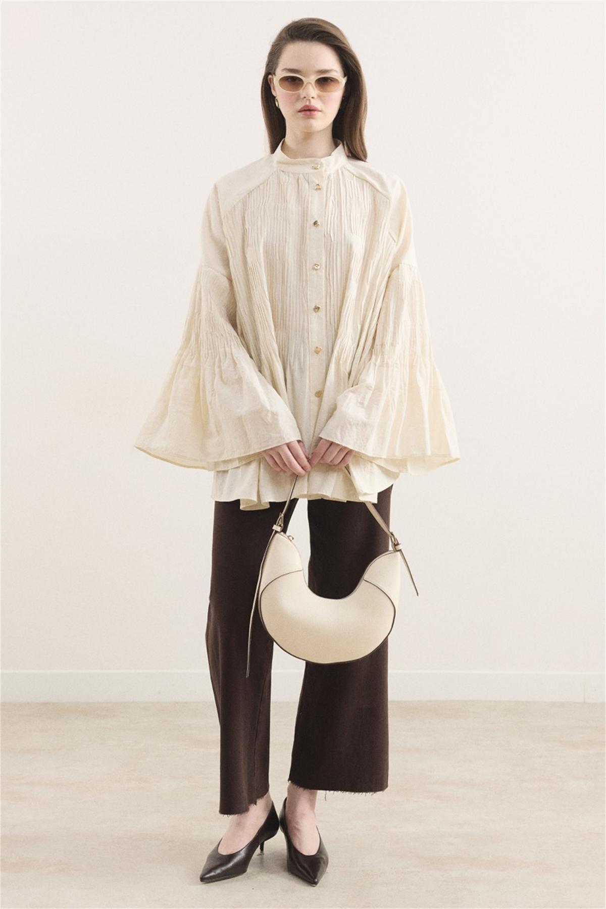 Martha Düğmeli Belden Bağlamalı Gömlek - Bej