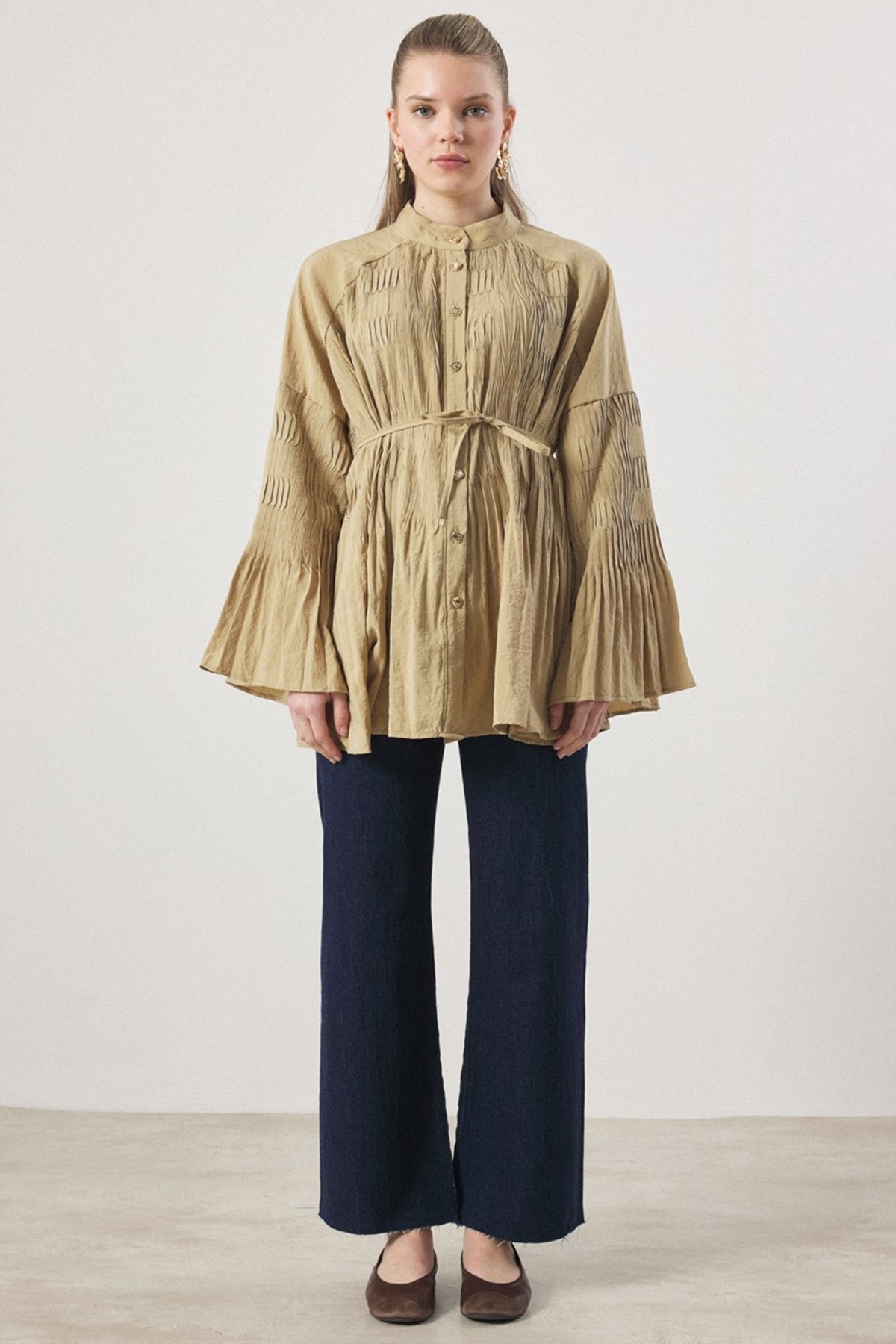 Martha Düğmeli Belden Bağlamalı Gömlek - Yağ Yeşili