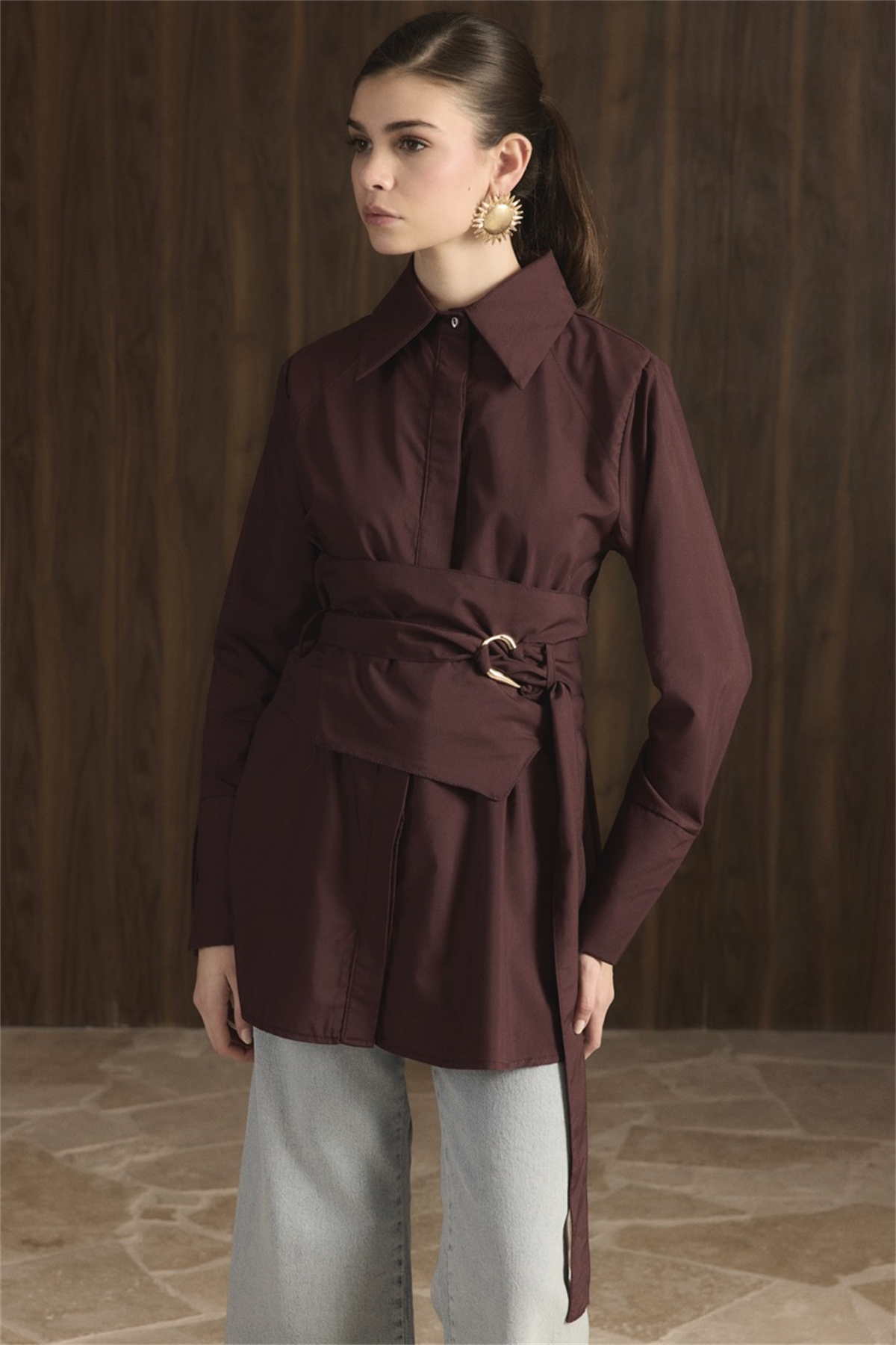 Maya Geniş Kemerli Gömlek - Bordo